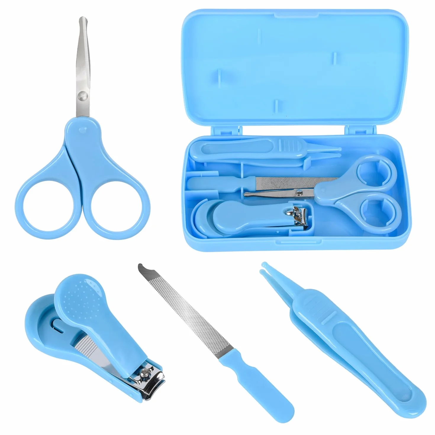 Bébé Soin des Ongles Set 4-en-1 BLEU Coupe-Ongles Ciseaux Lime Pincettes