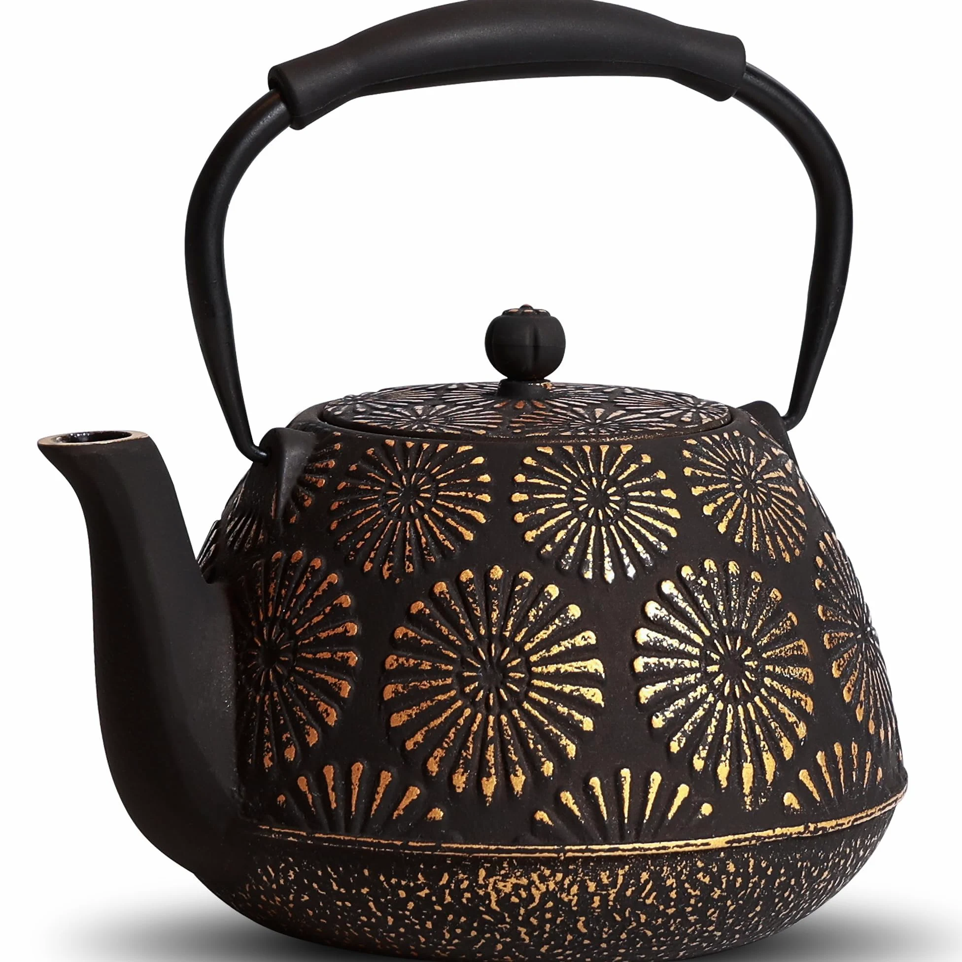 Théière en fonte avec infuseur pour plaque de cuisson, théière japonaise Sakura pour thé et café, revêtement intérieur émaillé, poignée en silicone, 1200 ml, noire