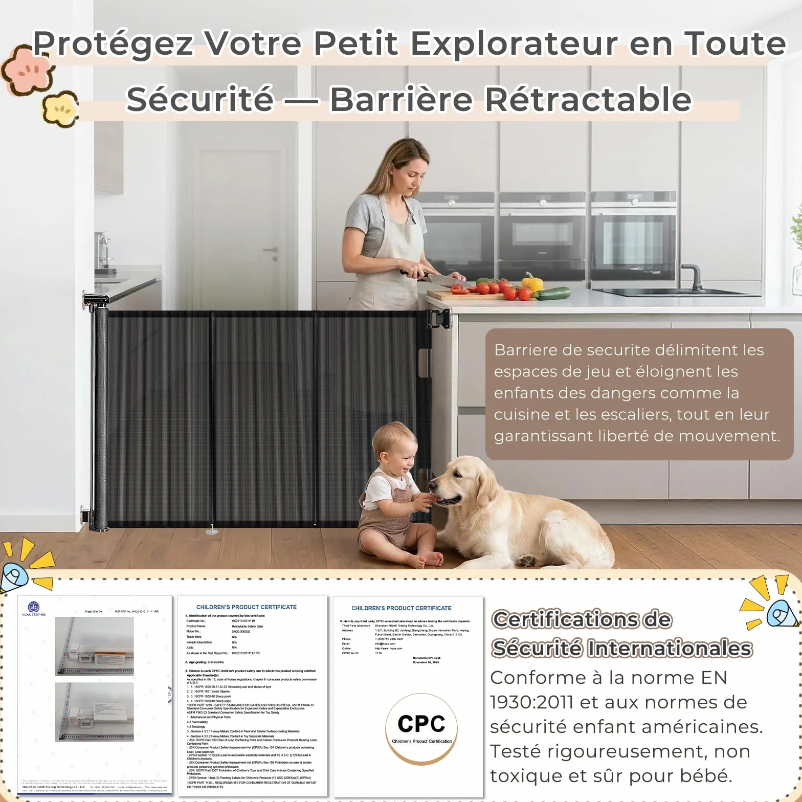 Ycozy Barriere de Securite Enfant sans Perçage 0-150cm Rétractable Chien Barres Renforcées Escalier Intérieur Extérieur