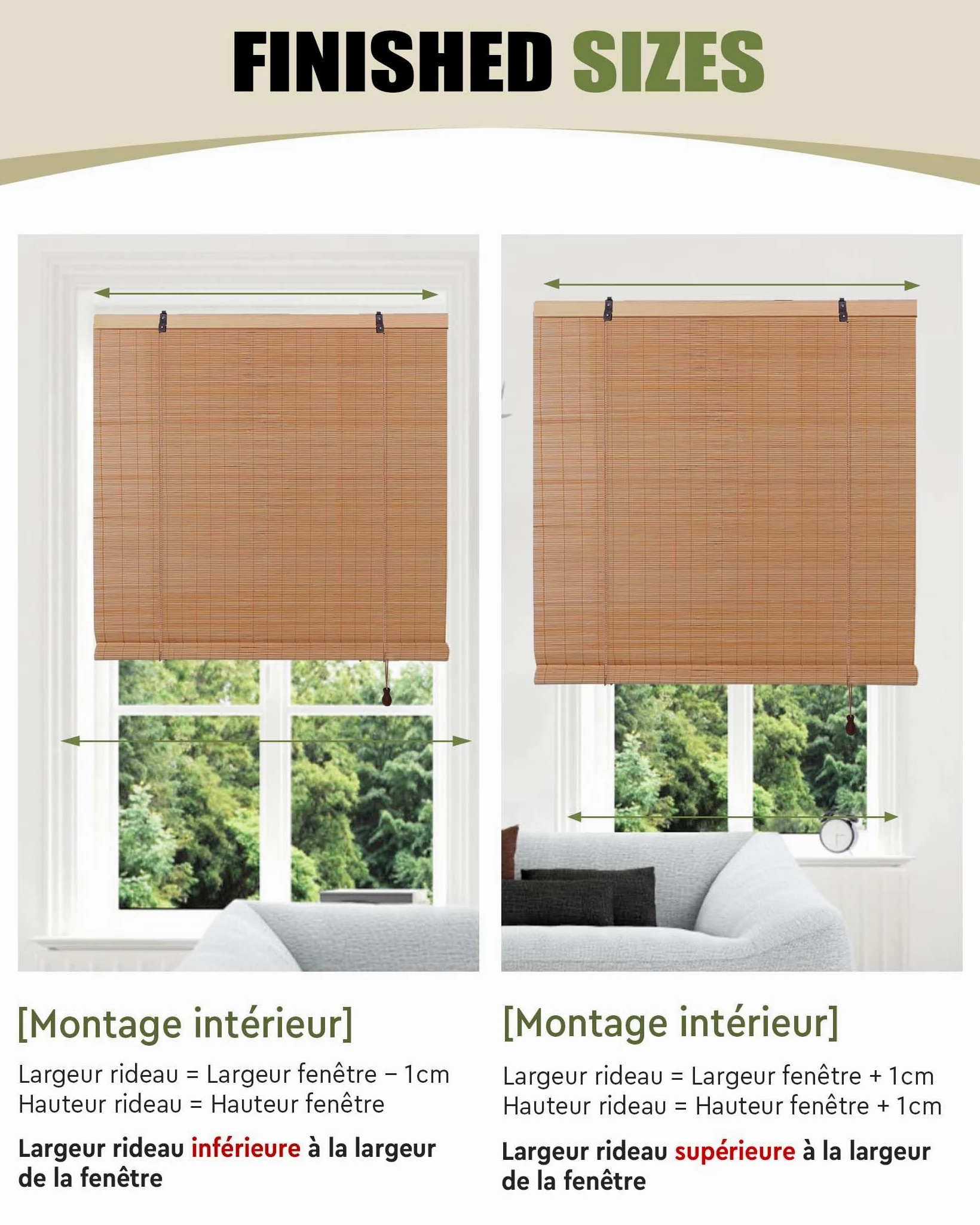 FoundGo Stores en bambou sans perçage - 100 x 120 cm (l x H) - Stores en bois rétro - Stores romains en bambou enroulables - Stores filtrant la lumière pour fenêtres d'intérieur