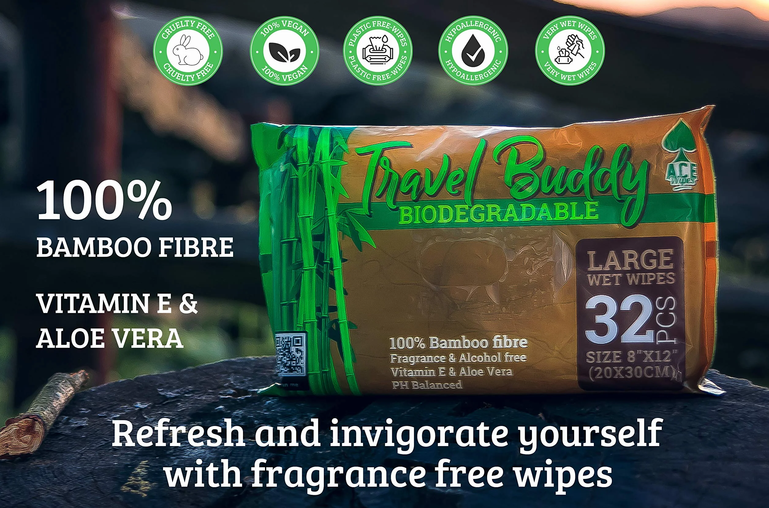 Ace Travel Buddy lingettes humidifiées biodégradables pour sport voyage camping randonnée