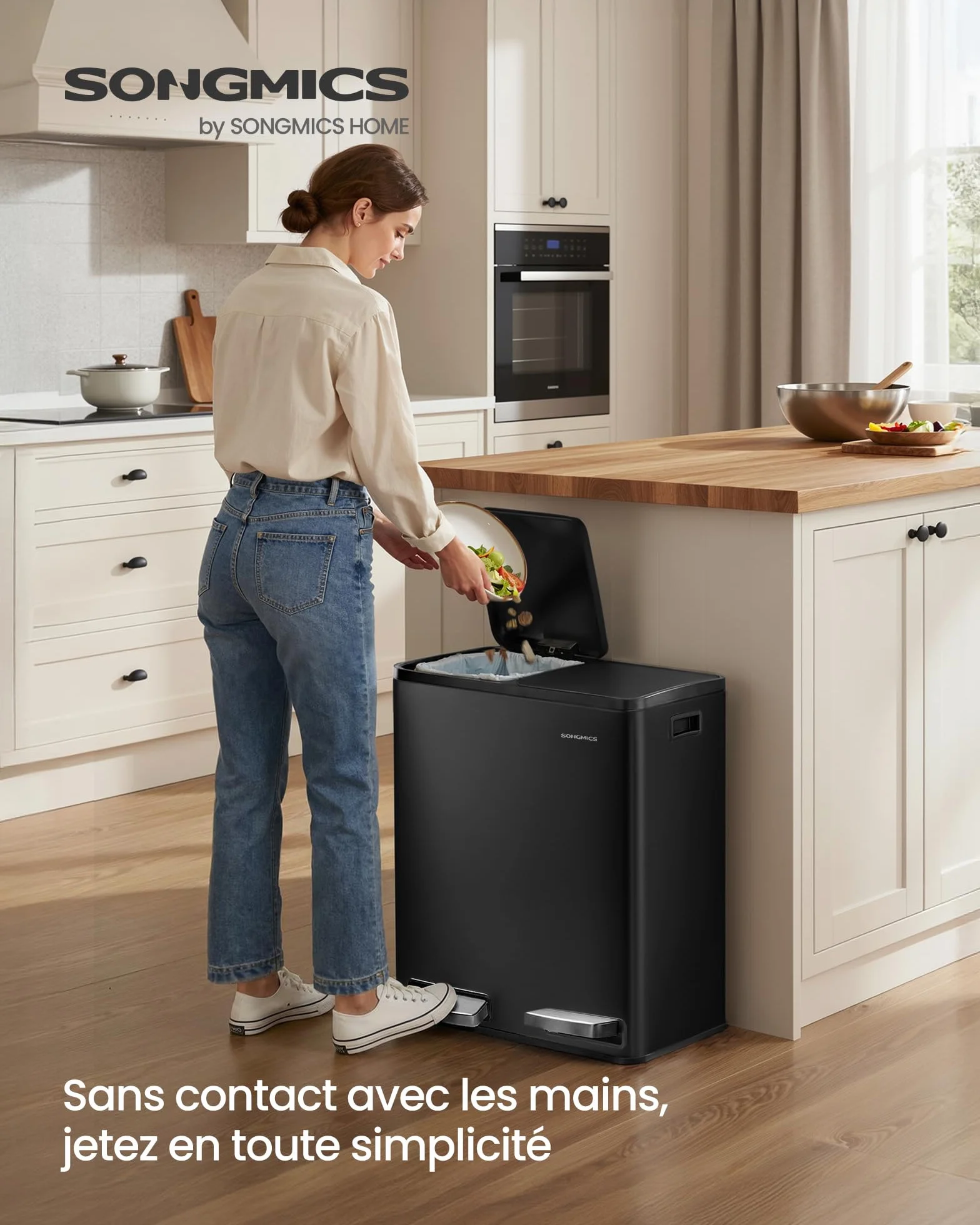SONGMICS Poubelle de Cuisine 2 x 30 L, Tri 2 Compartiments, Acier, Noir d'Encre LTB160BZ02