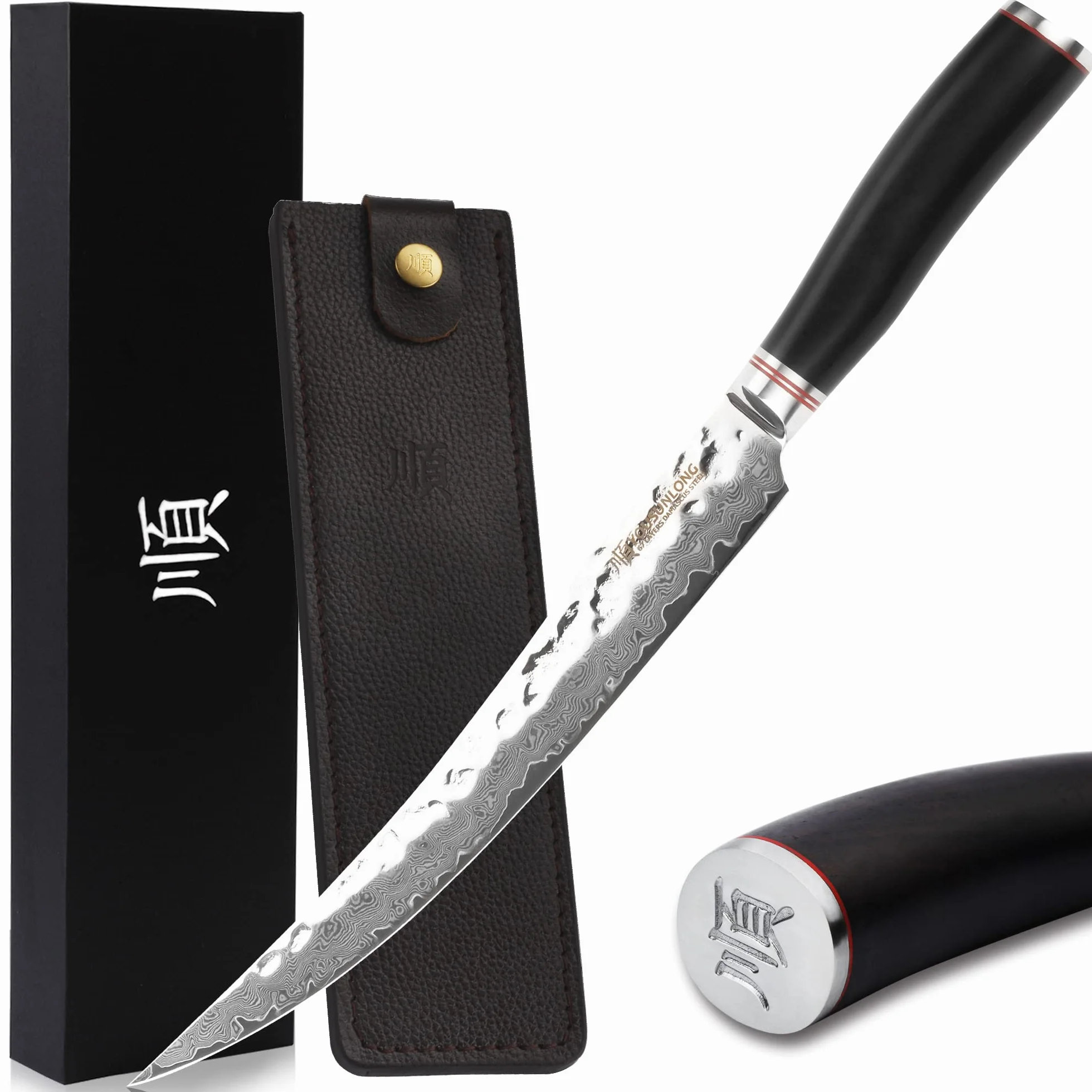 Couteau à Trancher et à Découper 10" Trancheuse à jambon en acier Damas avec manche en ébène et fourreau en cuir