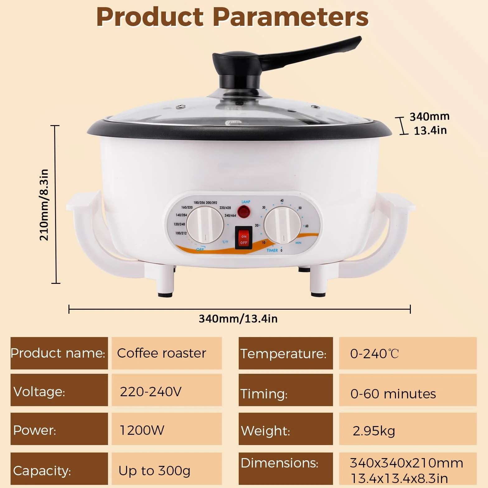 Torréfacteur de Café 300g 1200W 0-240℃ Professionnel Machine à Torréfier