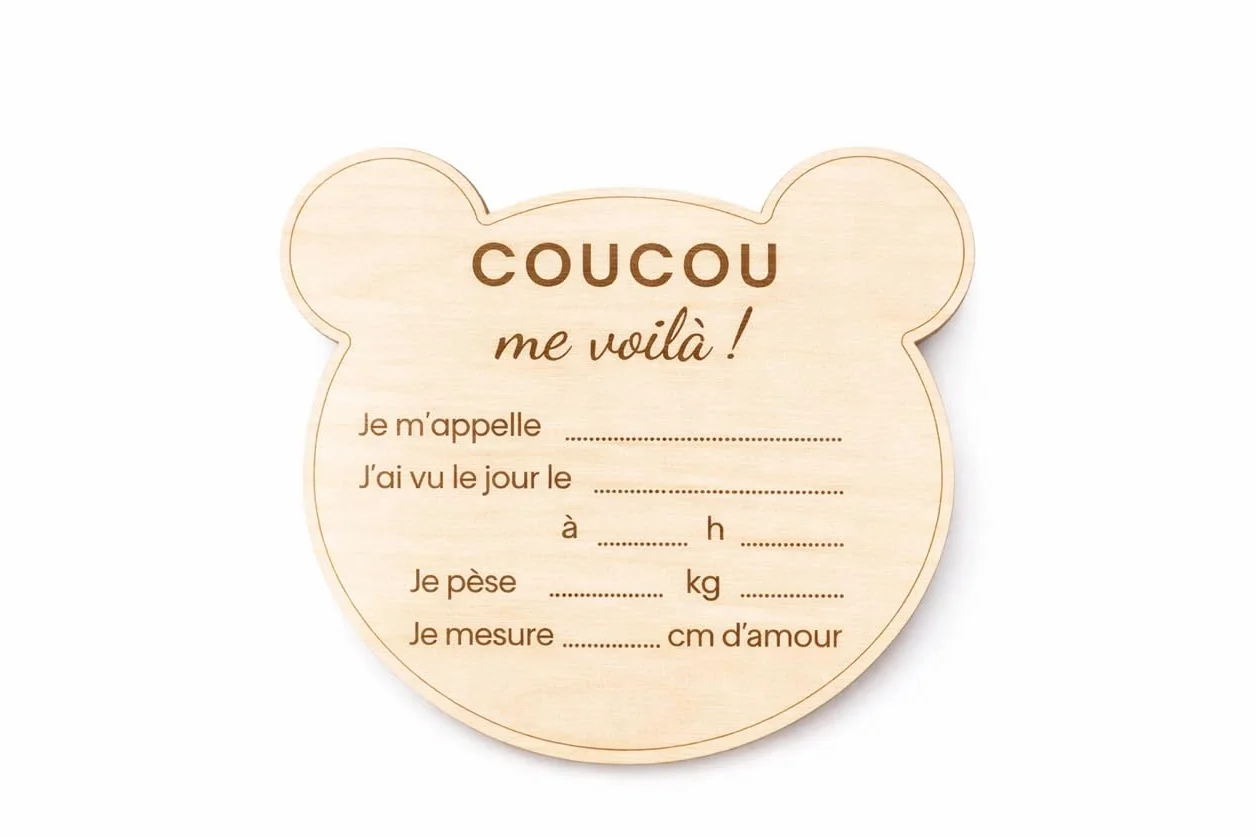 Carte bienvenue annonce naissance prénom bébé en bois - Disque prénom bébé date heure poids taille - Pancarte photo nouveau-né souvenir maternité