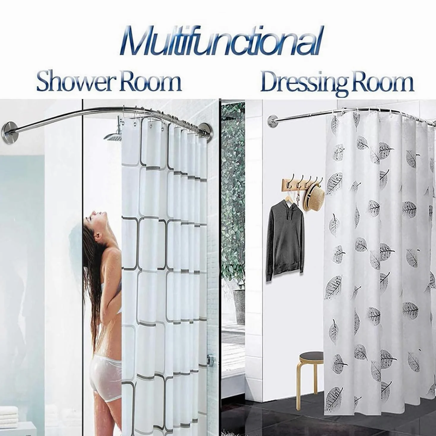 Barre de douche courbée L-SD réglable – Rail d'angle extensible en acier inoxydable 304 pour salle de bain et magasin de vêtements, sans perçage, convient pour 90 à 130 cm.
