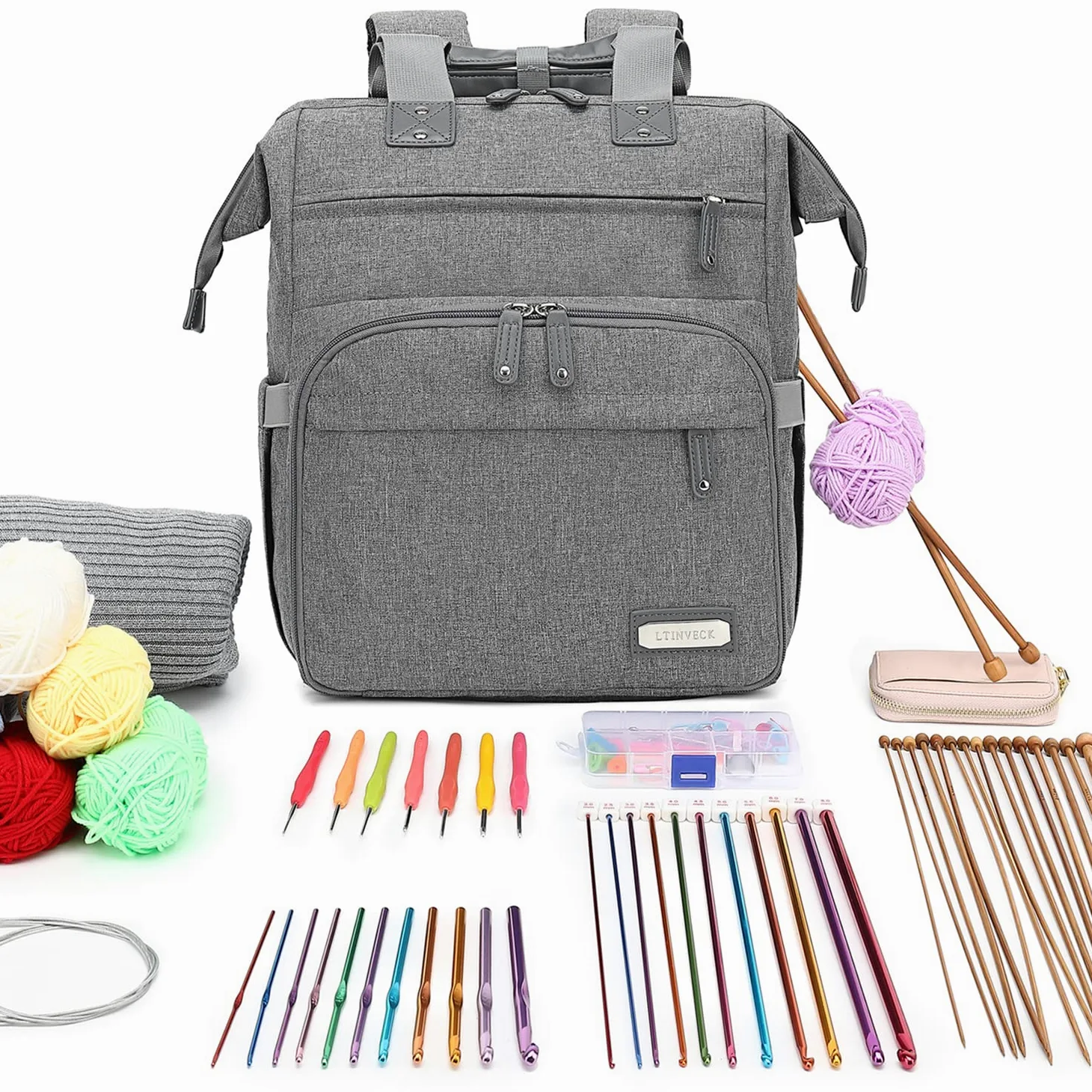 LTINVECK Sac à dos au crochet, sac à tricot, sac à dos de rangement pour fil de fer, sac de voyage avec port de charge USB, grand sac fourre-tout