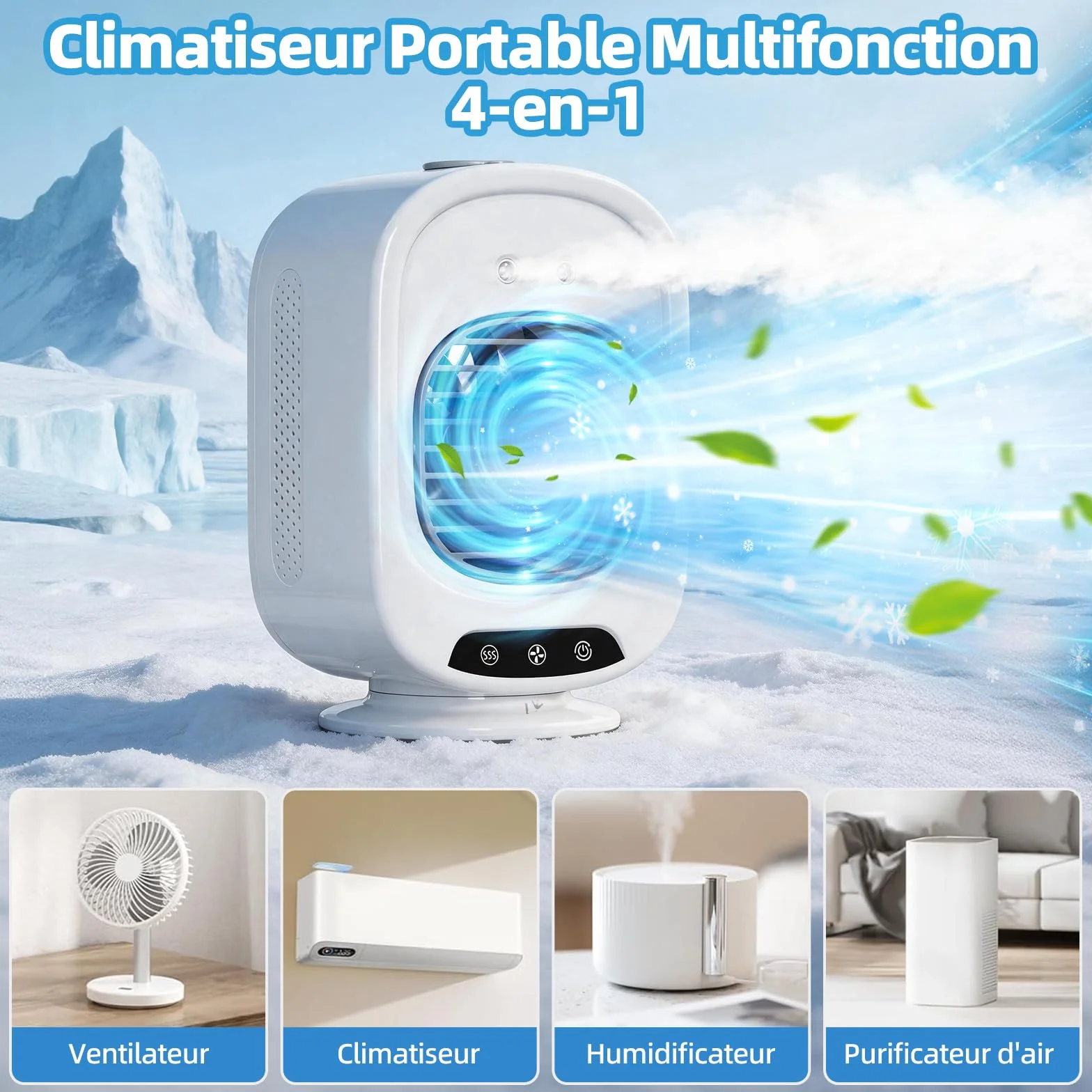 Climatiseur Mobile Portable 4 en 1, Mini Refroidisseur d'Air 300ML USB, Ventilateur Brumisateur Silencieux 3 Vitesses