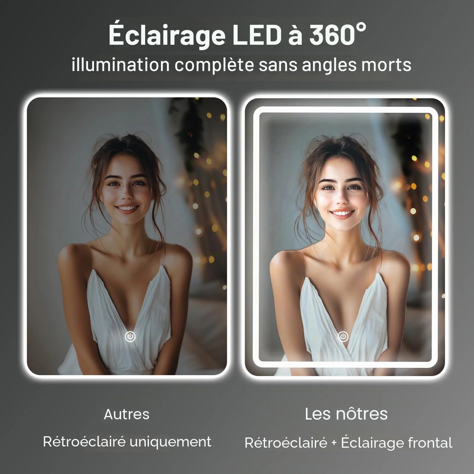 Miroir Mural Salle de Bain LED 60x45 cm 3 Couleurs Intensité Variable Interrupteur Tactile