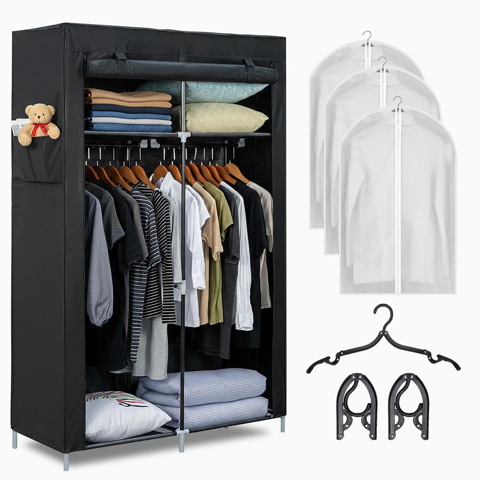 Armoire en tissu 105 x 45 x 165 cm avec 2 barres de suspension, 4 étagères + 3 cintres pliables et 3 housses, armoire type âne, vêtements résistants - Closet organisateur