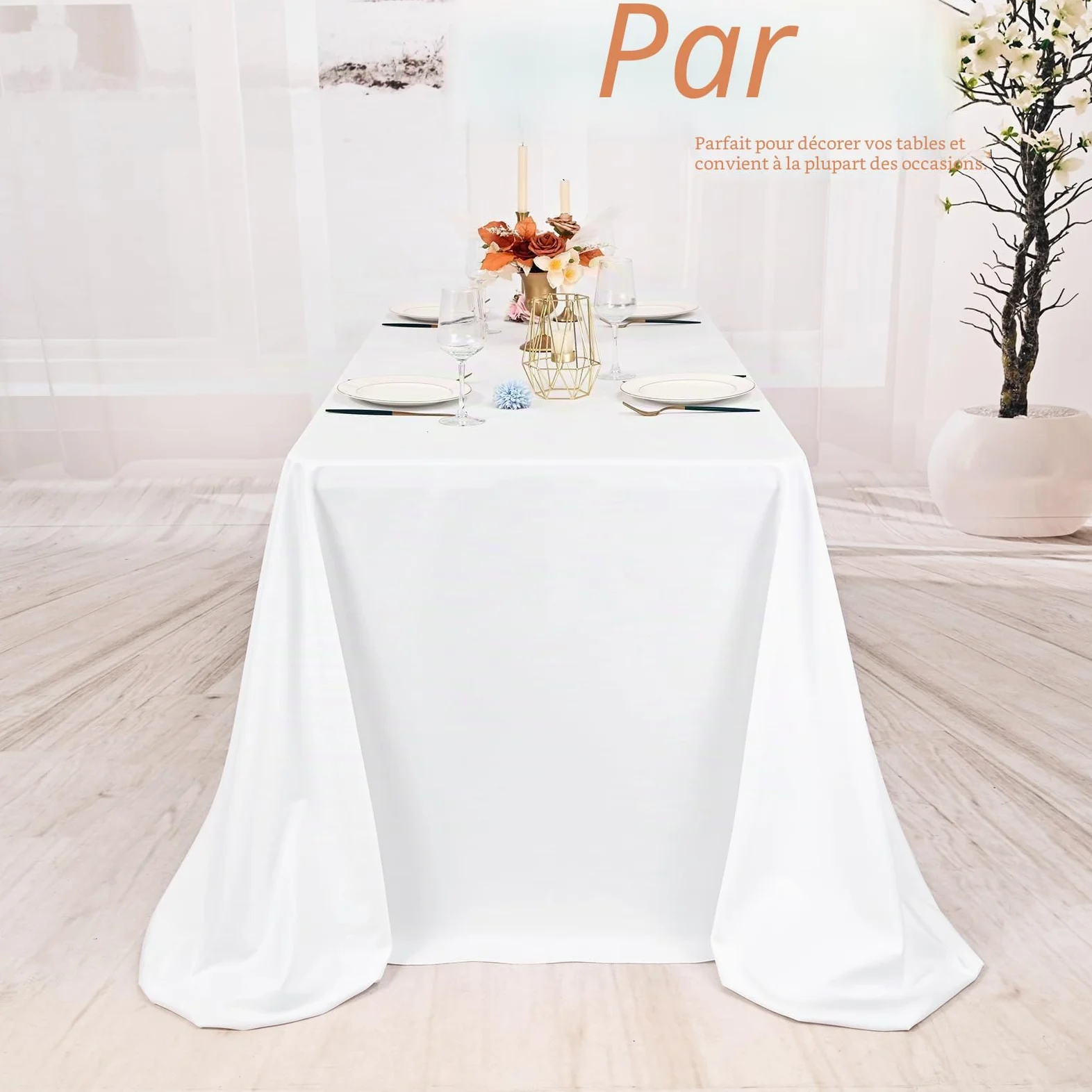 Pesonlook Lot de 4 nappes rectangulaires blanches, 228,6 x 396,2 cm en polyester lavable en masse, nappes en tissu polyester pour mariage, fête, banquet, buffet, table de fête, dîner de vacances