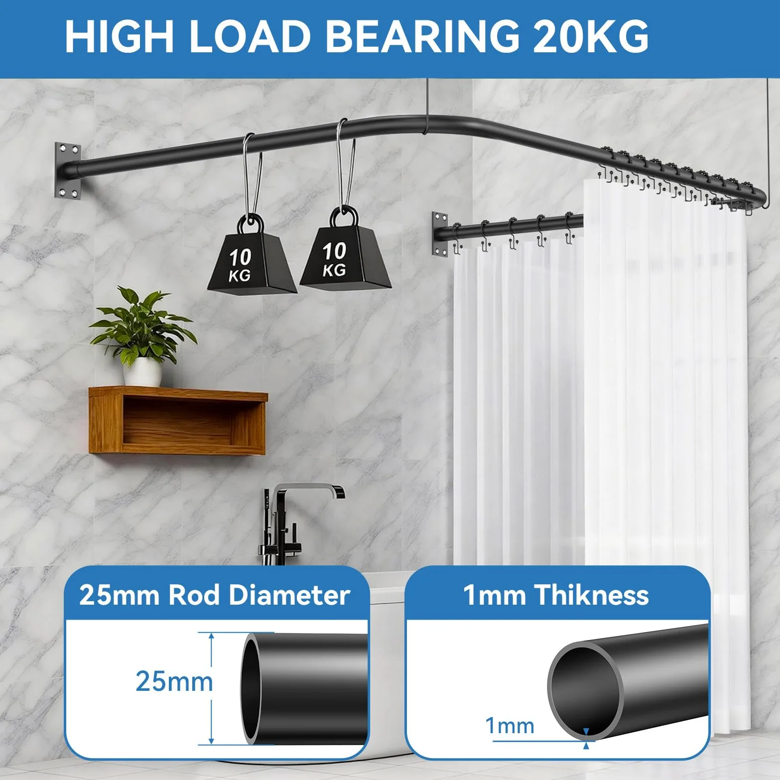 Barre de rideau de douche en forme de U/L [75-78x150-190x75-78] cm | barre de douche d'angle réglable incl. 20 anneaux de rideau, barre de douche d'angle pour baignoire noire