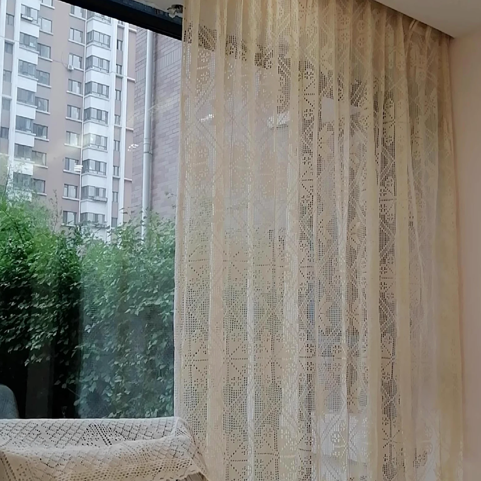Rideau Transparent en Dentelle Bohème, Rideaux de Fenêtre en Coton Et Lin avec Passe-Tringle, Rideau à Motif Géométrique Rustique Beige avec Pompon pour Salon, Chambre à Coucher, 1 Panneau