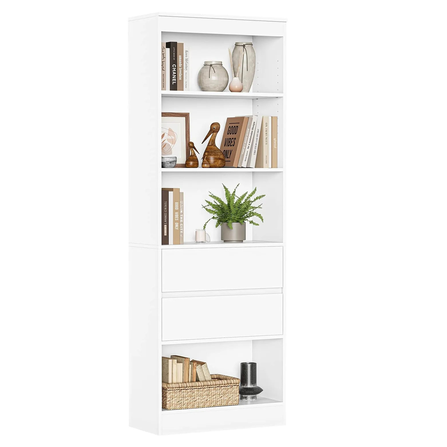 Bibliothèque, Meuble de Rangement avec 2 Grands Tiroirs et 4 Compartiments, Colonne Polyvalente avec Étagère Réglable, pour Salle de Bain, Salon, Cuisine,Facile à nettoyer, 180x60x24 CM,Blanc