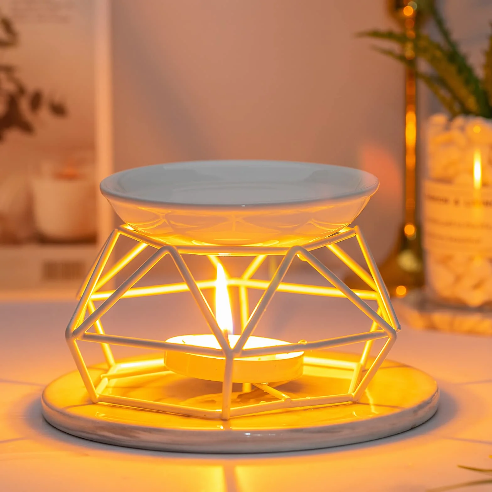 Lampe à Bougie Parfumée Métal Support Bougie Chauffe-Plat Blanc