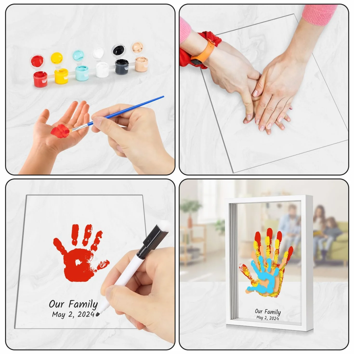 Kit d'Empreintes de Mains Familiales, Cadre en Bois Souvenir Artisanal, Coffret Cadeau, Peintures Non Toxiques, Feuilles Transparentes (Blanc)