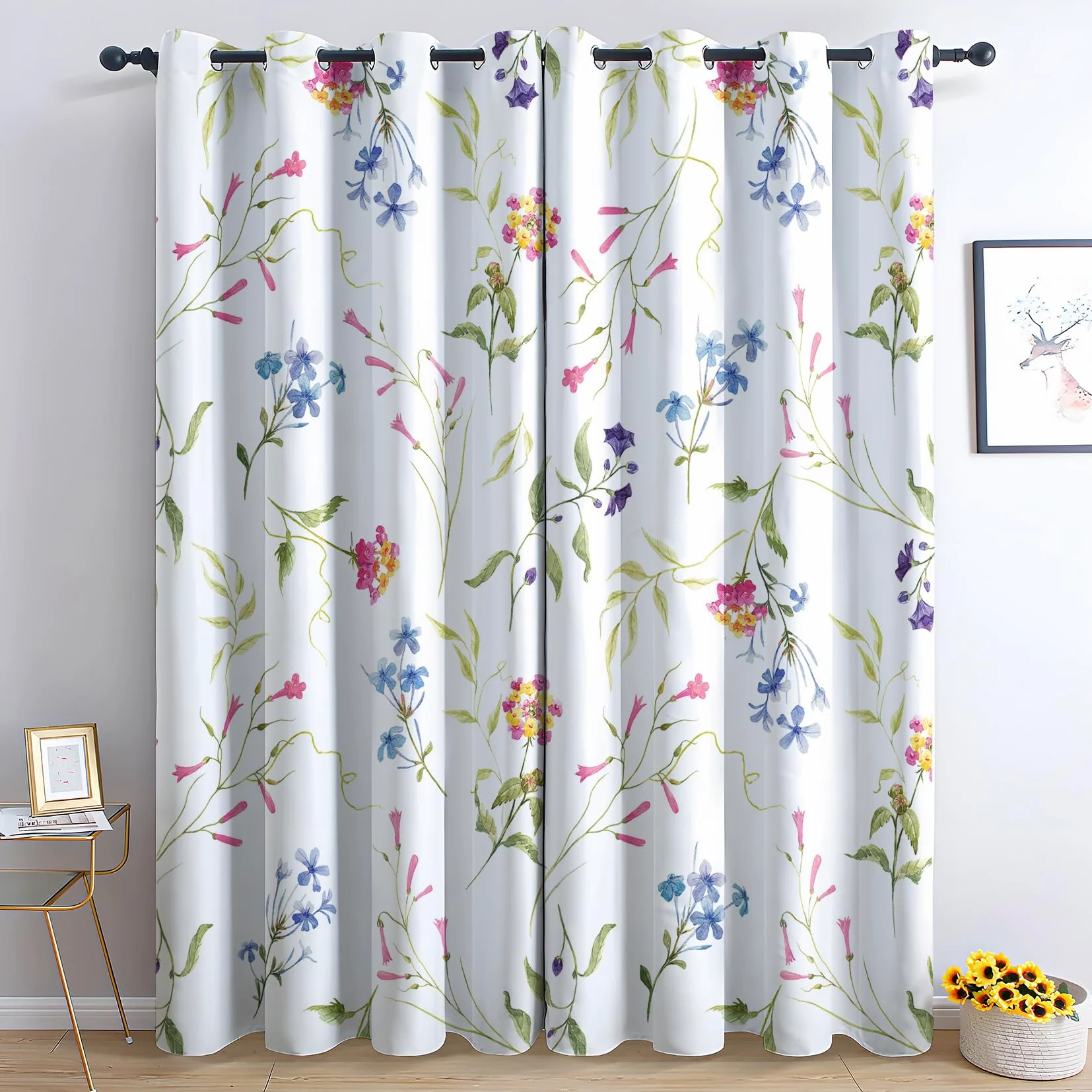 Rideau Occultant, Motif Fleuri - Rideaux Thermiques Imprimé pour Salon Chambre Fenetre, Lot de 2 Rideaux et Draperies Intérieurs à Oeillets, 140x240 cm (L x H)