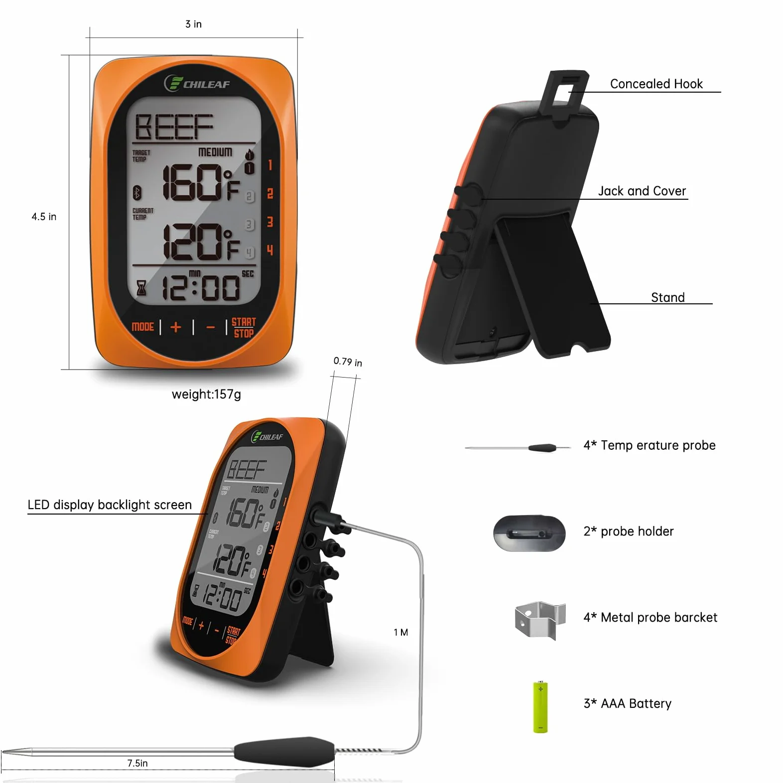 Meat Thermomètre numérique instantané avec 4 modes d'échantillons de mode temporisation pour barbecue, bonbons, aliments et fumoirs