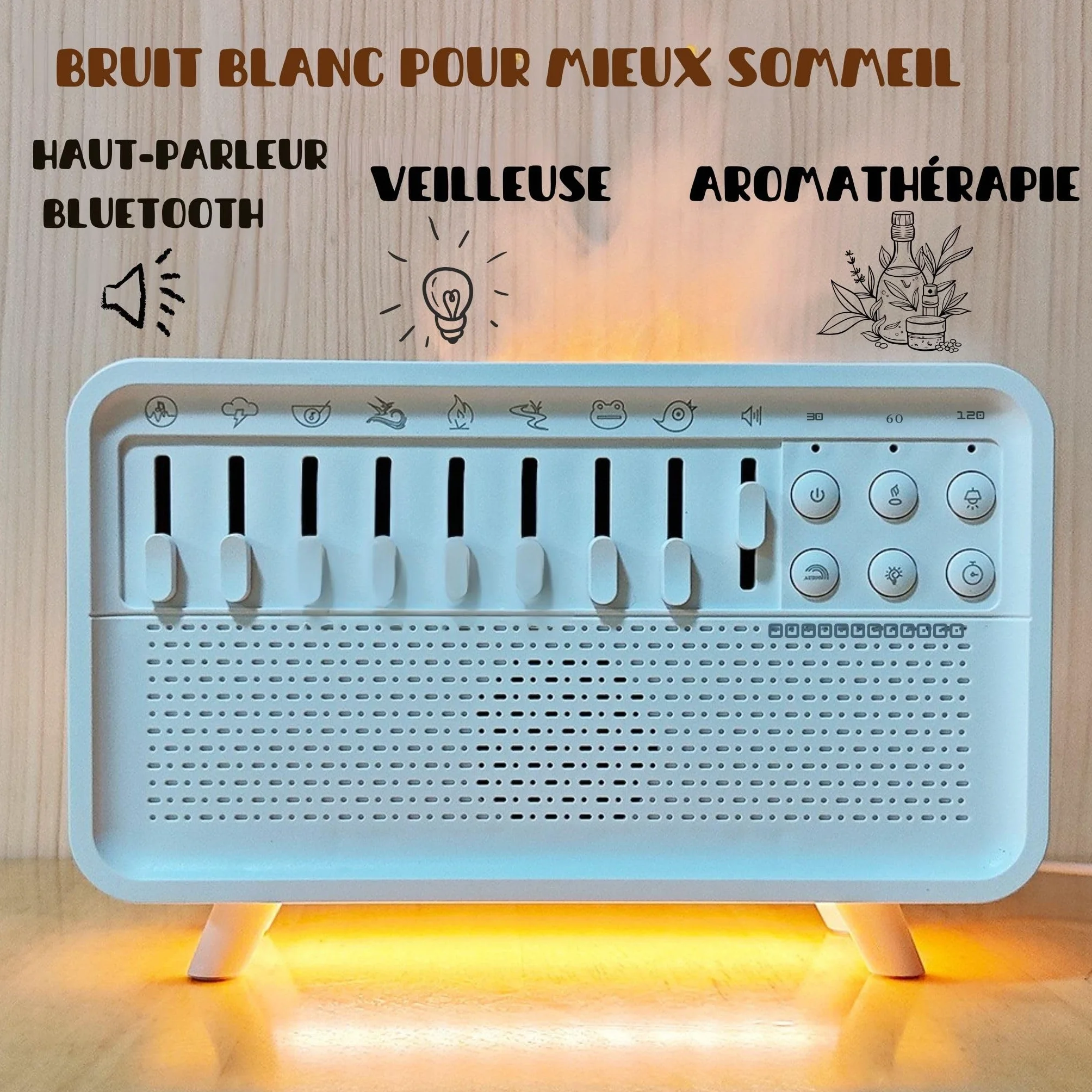Enceinte Bluetooth 4 en 1 - Machine à bruit blanc pour bébés et adultes, humidificateur avec veilleuse et aromathérapie