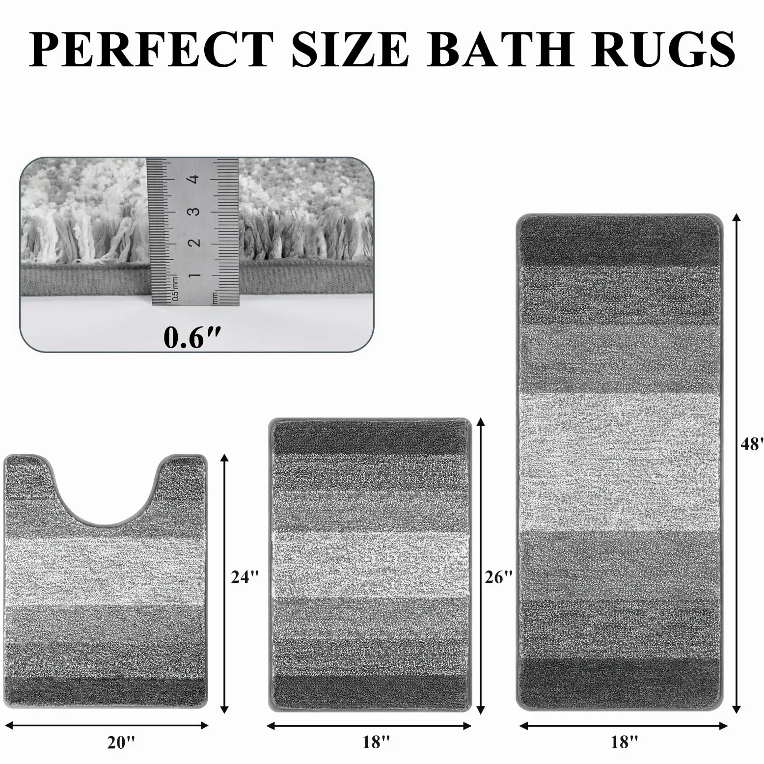 Pauwer Lot de 3 tapis de salle de bain à poils longs avec contour en forme de U et peluche absorbante, en microfibre absorbante, lavable en machine, gris