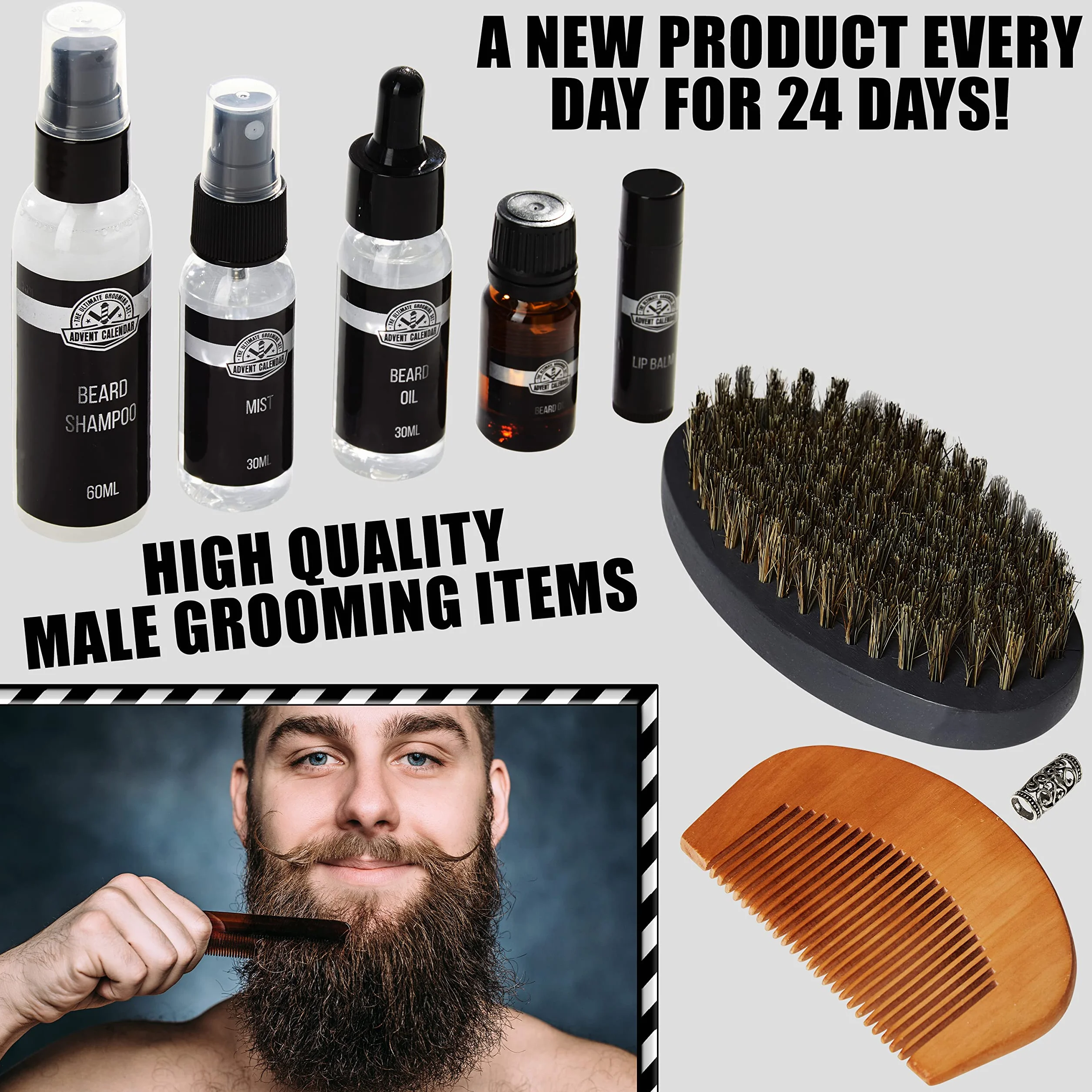 KreativeKraft Calendrier de l'Avent 2025 Homme 24 Surprises Kit Barbe Huiles Baumes Gommages Peignes