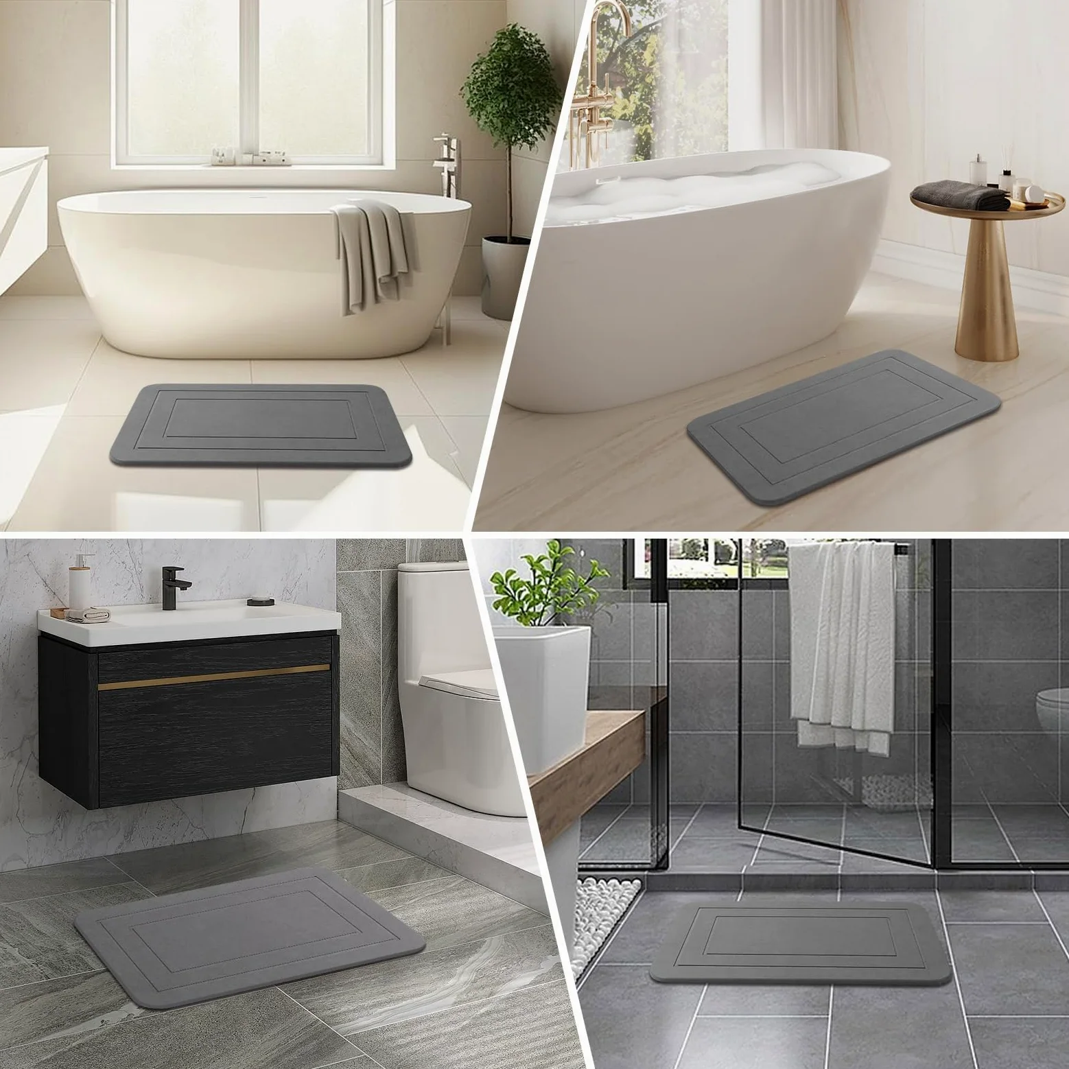 Lot de 2 Tapis de Bain en Pierre, Tapis de Douche en Terre de diatomée, antidérapant, Super Absorbant, séchage Rapide, Tapis de Sol pour Salle de Bain et Cuisine (Gris, 61 x 38,1 cm)