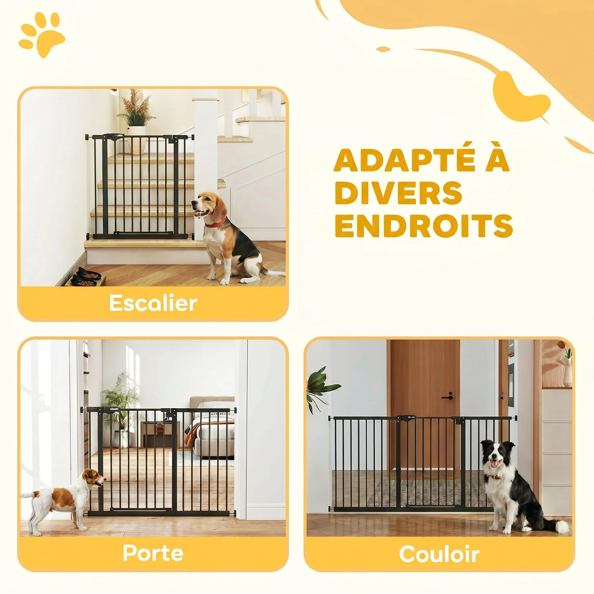 PawHut Barrière de sécurité Animaux 74-148 x 76,2 cm Porte Fermeture Automatique Double Verrouillage sans perçage 3 Extensions Noir