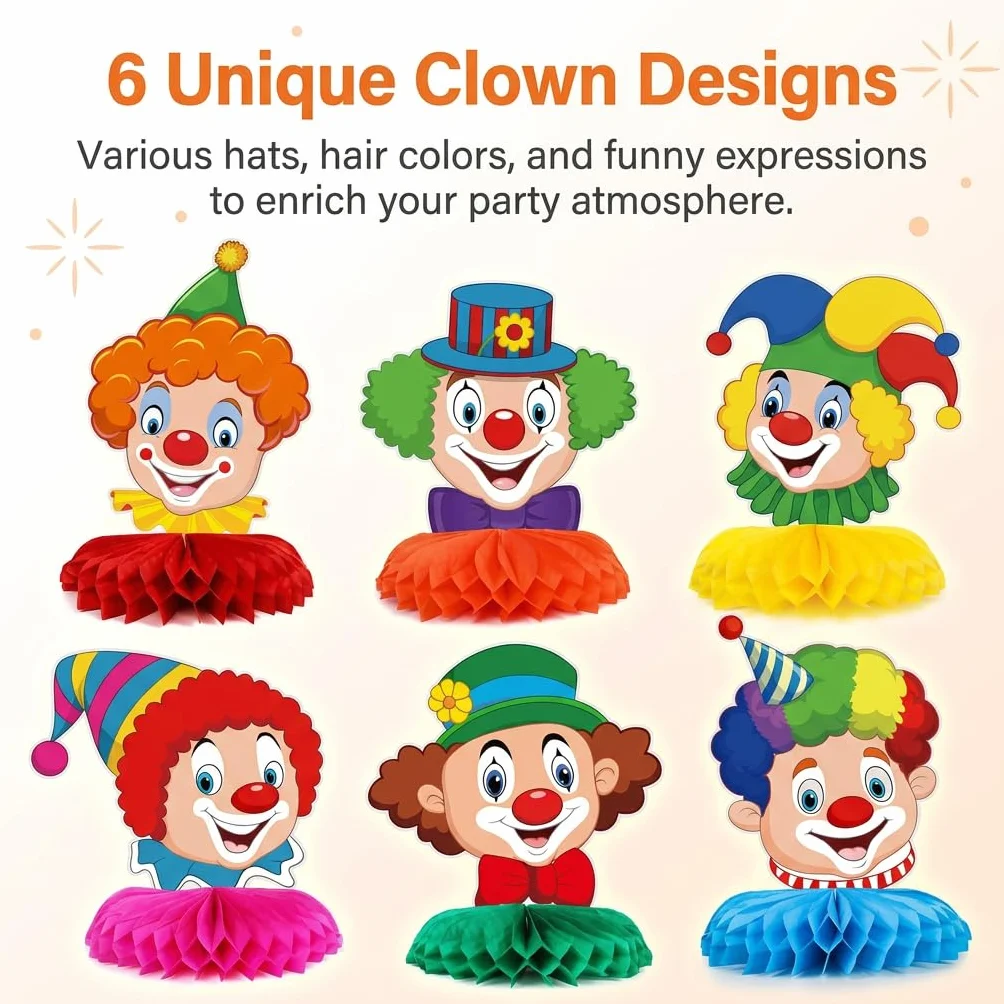 Lot de 6 Décoration Carnaval Clown Nid d'Abeille Centre de Table Cirque 3D Fête Anniversaire Enfant Mardi Gras Ornements Papier Alvéolé