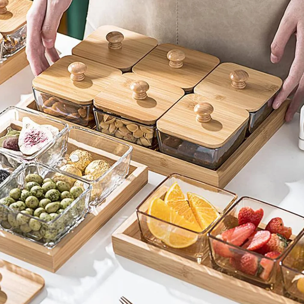 Plateau de service divisé en bambou avec couvercle, organiseur de collations carré pour fêtes, plateau de fruits en bois et boîte de rangement pour bonbons