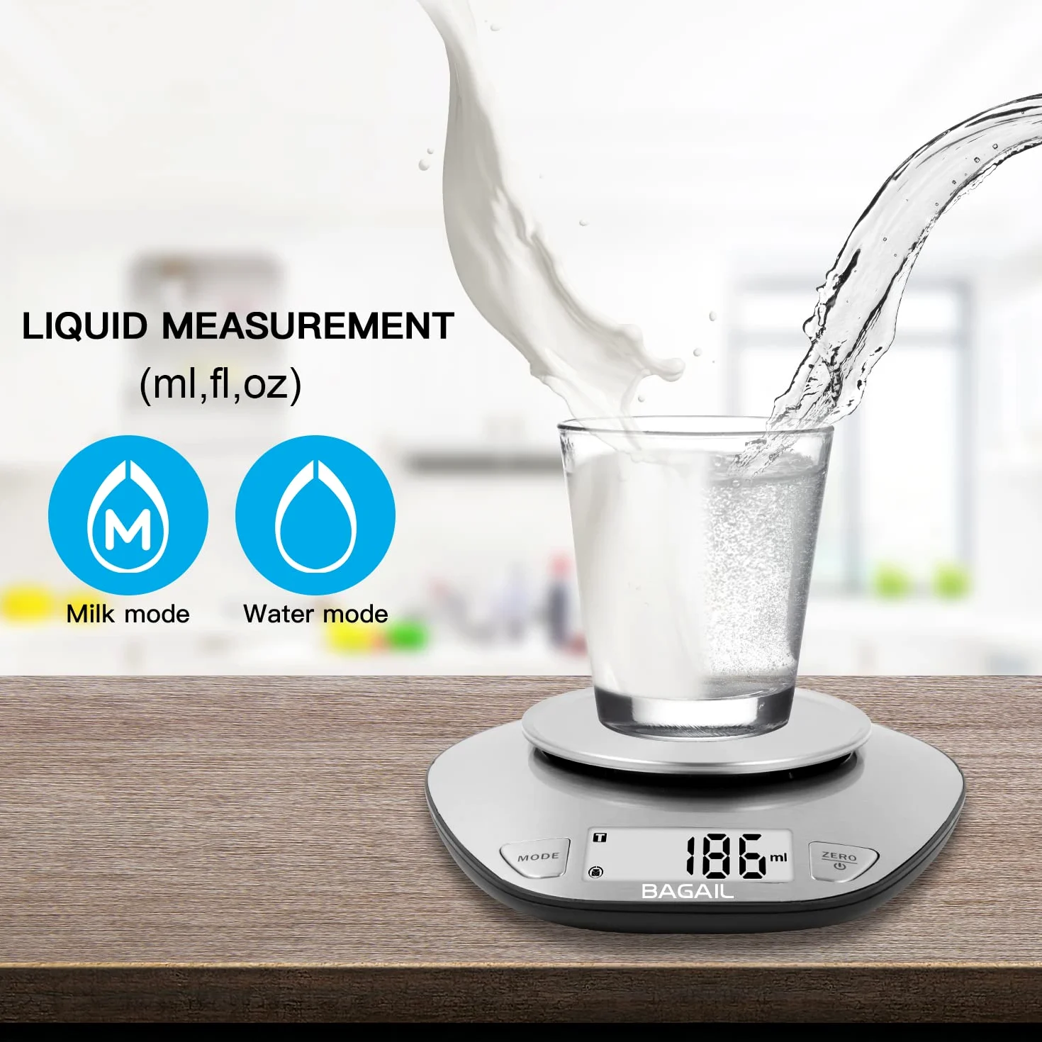 BAGAIL BASICS Balance de cuisine électronique de qualité supérieure avec grand écran et bol mélangeur en acier inoxydable – 5 kg