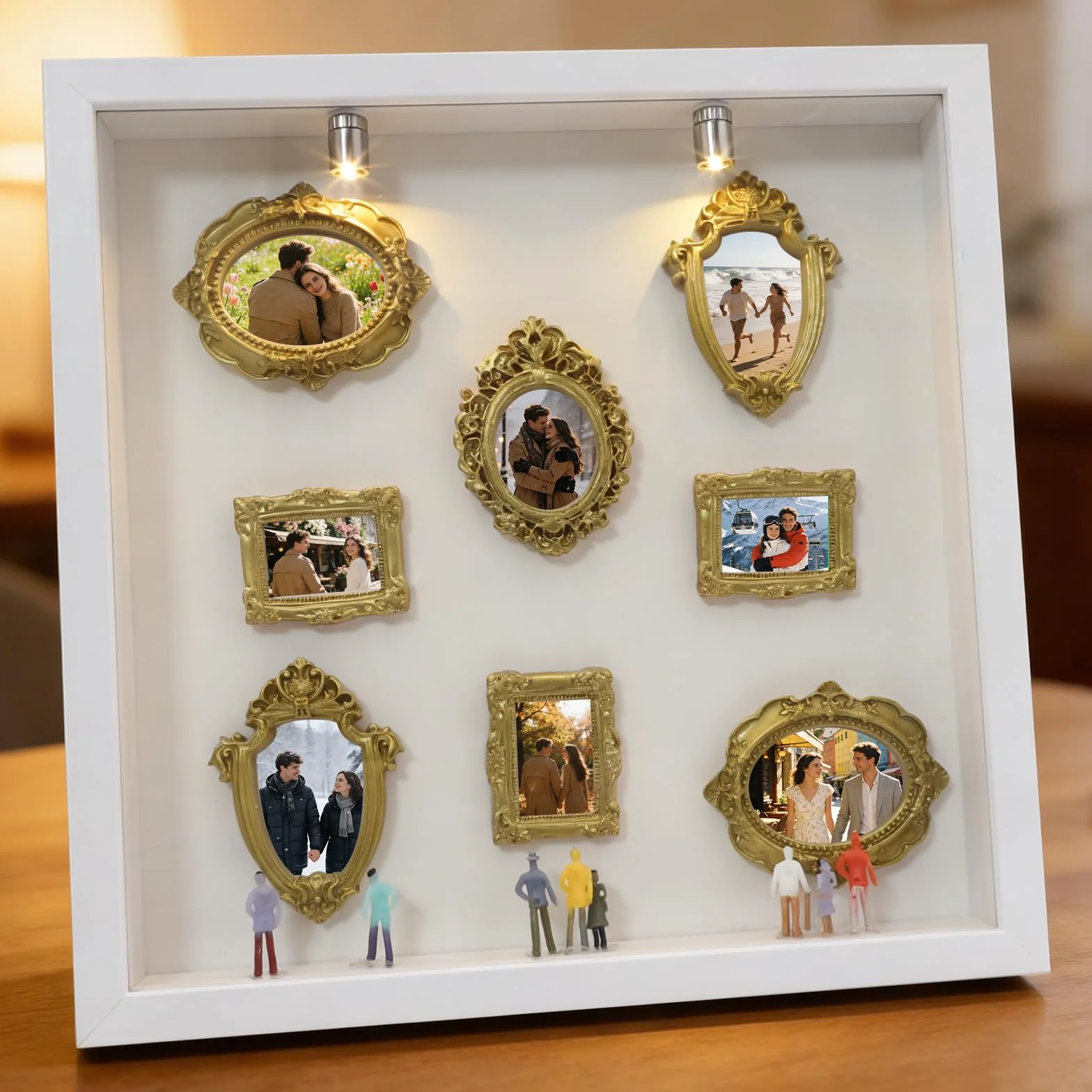 Coffret DIY Mini Musée Silhouette Shadow Box avec Éclairage LED, 8 Cadres Dorés & Figurines Aléatoires