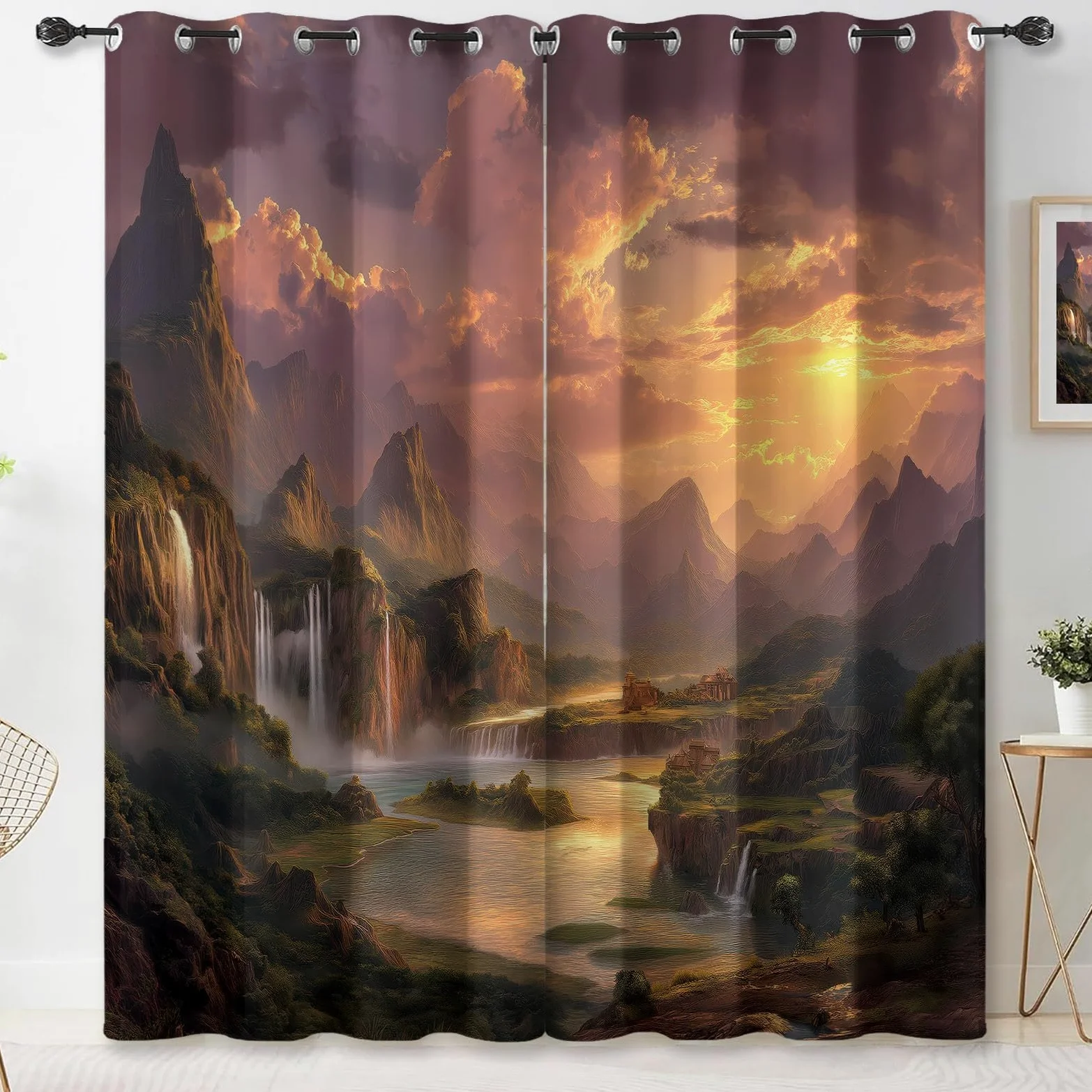 Générique Rideau Occultant, Paysage Onirique Motif Rideaux Thermiques à Oeillets, Cascade Rivière Nuages Rideaux Imprimé pour Salon Chambre Fenetre Décoration, 140 X 260 cm (LxH), Lot de 2