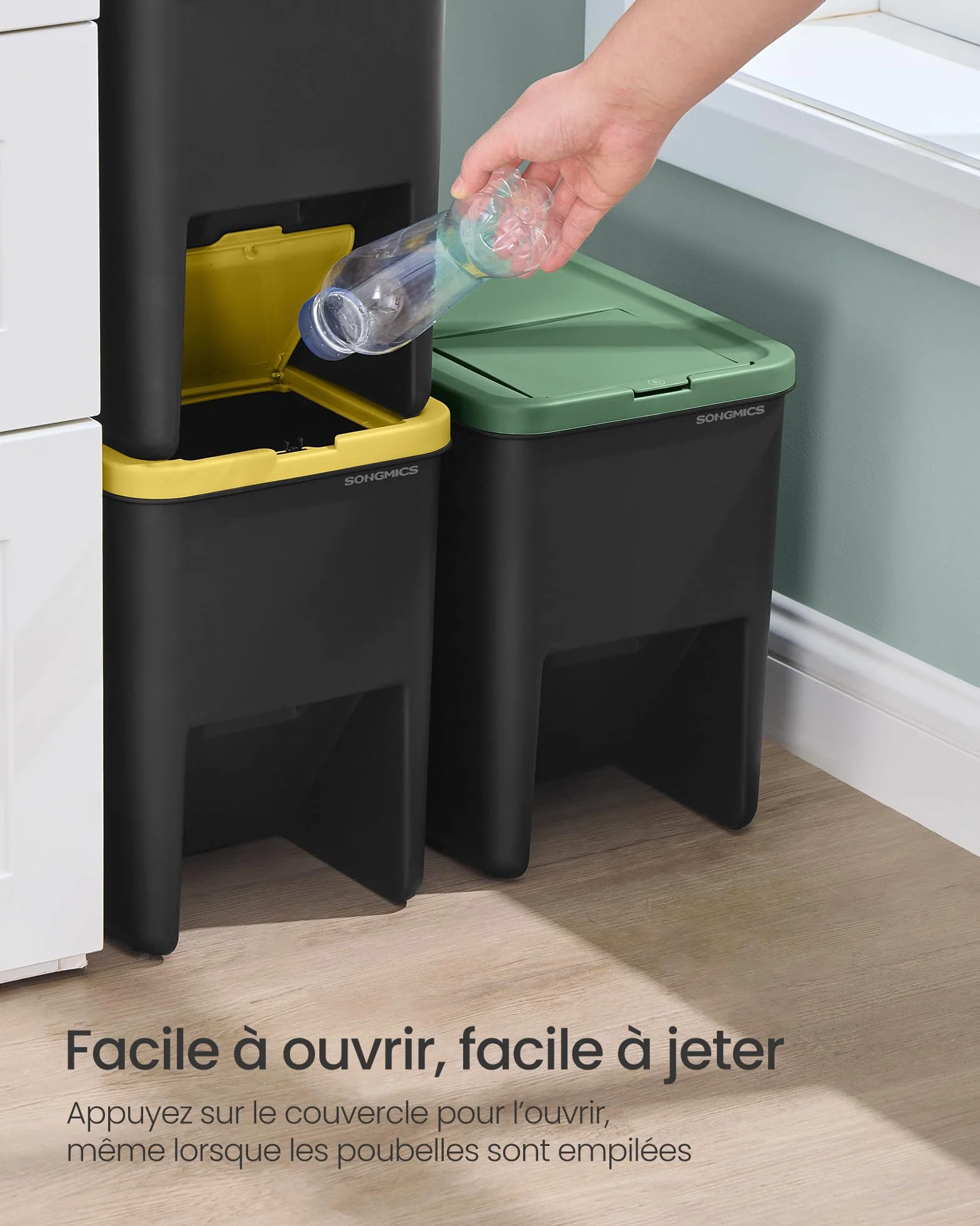 SONGMICS Poubelles de Tri Cuisine Lot de 3 Empilables 20 L Recyclage Jaune Bleu Vert