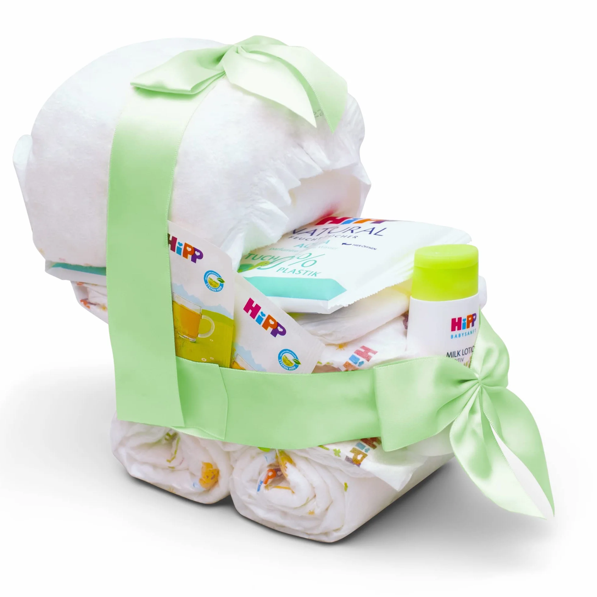 MilaBoo Gâteau de couches pour poussettes avec produits Hipp vert Cadeau de naissance Made in Germany