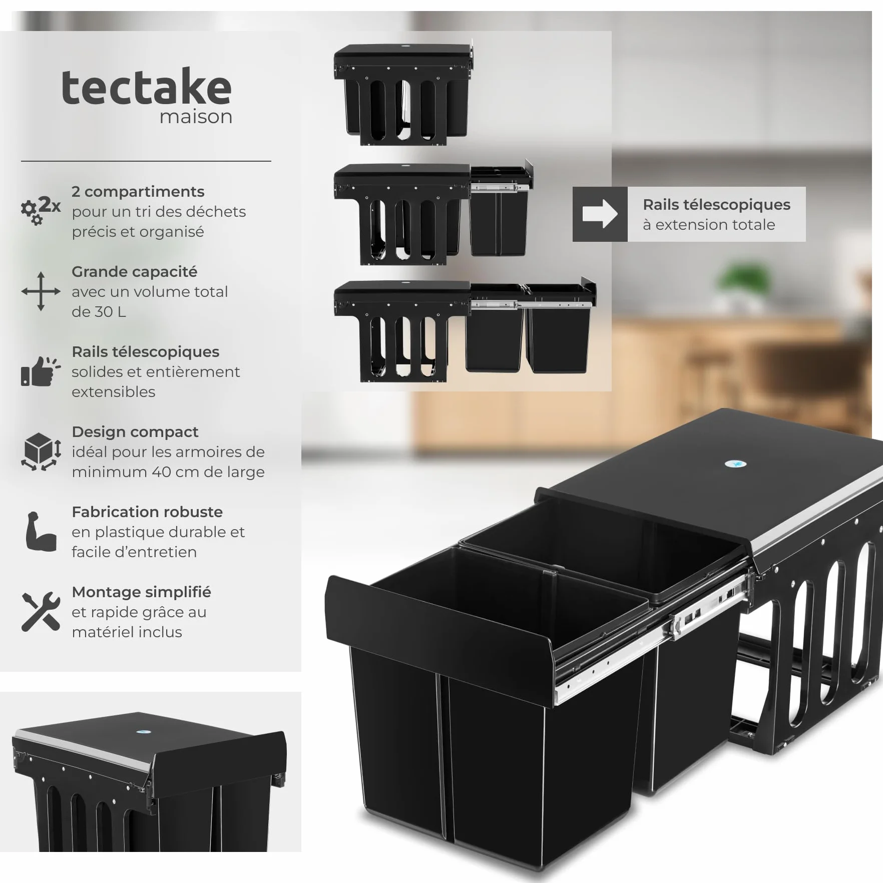 Poubelle de tri selectif 2 compartiments 2x15L 30 litres Noir pour Meuble de cuisine