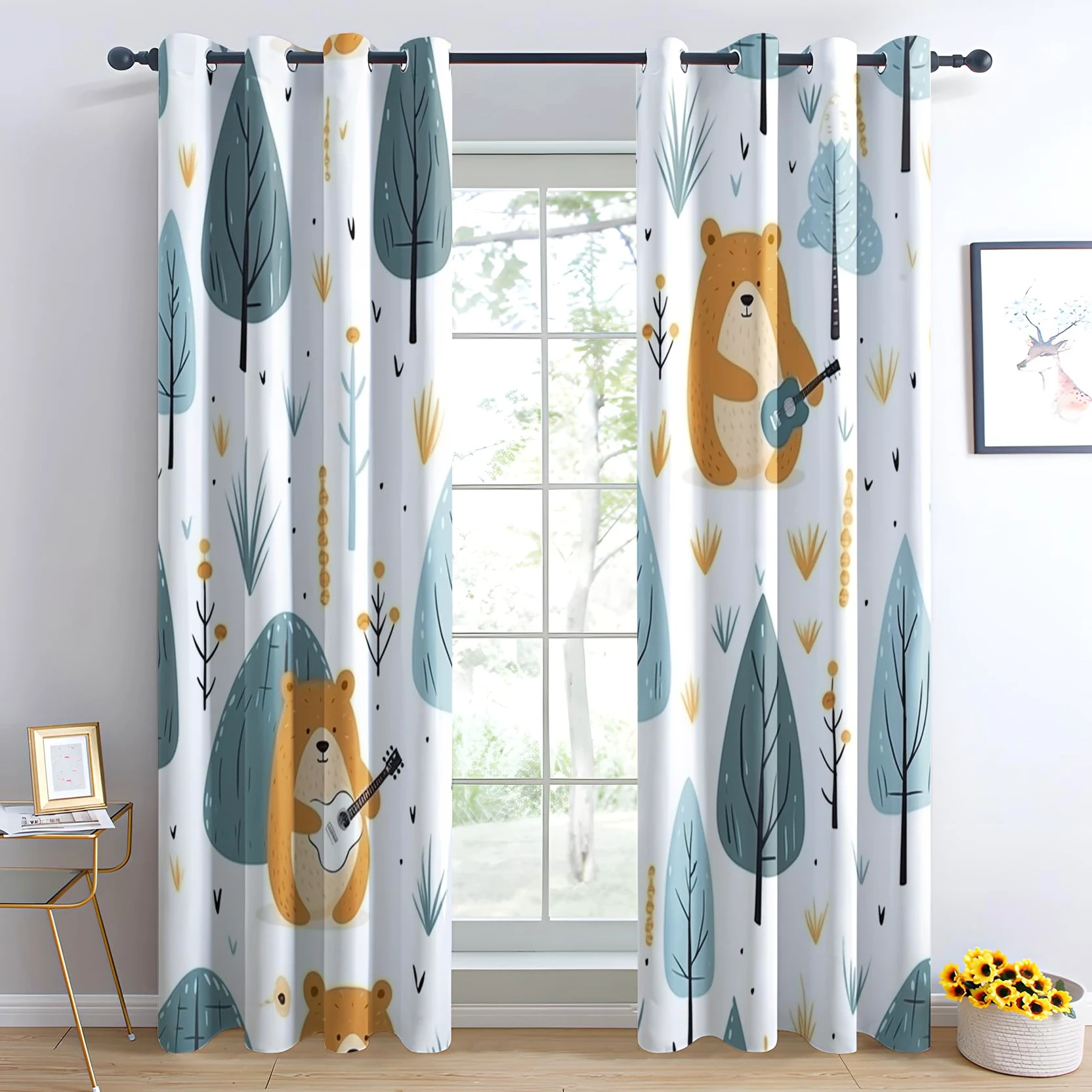Rideau Occultant Enfants Garçons Filles, Rideau Isolant Thermique pour Salon Chambre, Rideaux Motif Ours, Rideau Opaque à Oeillets, Lot de 2 Rideaux et Draperies Intérieur 140x160cm LxH