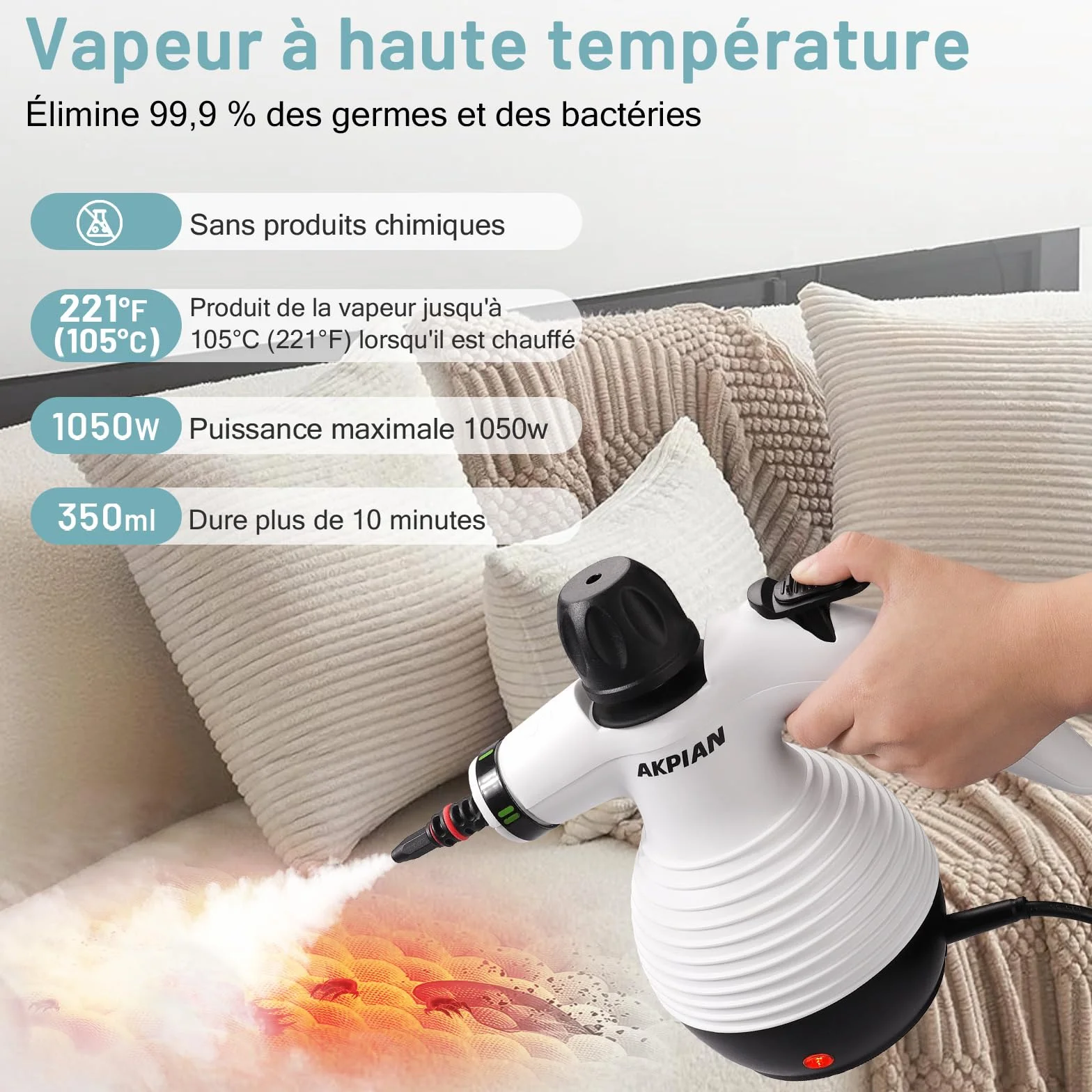 Nettoyeur vapeur manuel 1050 W multifonction avec kit 10 pièces pour joints carrelage, cuisinière, fenêtre