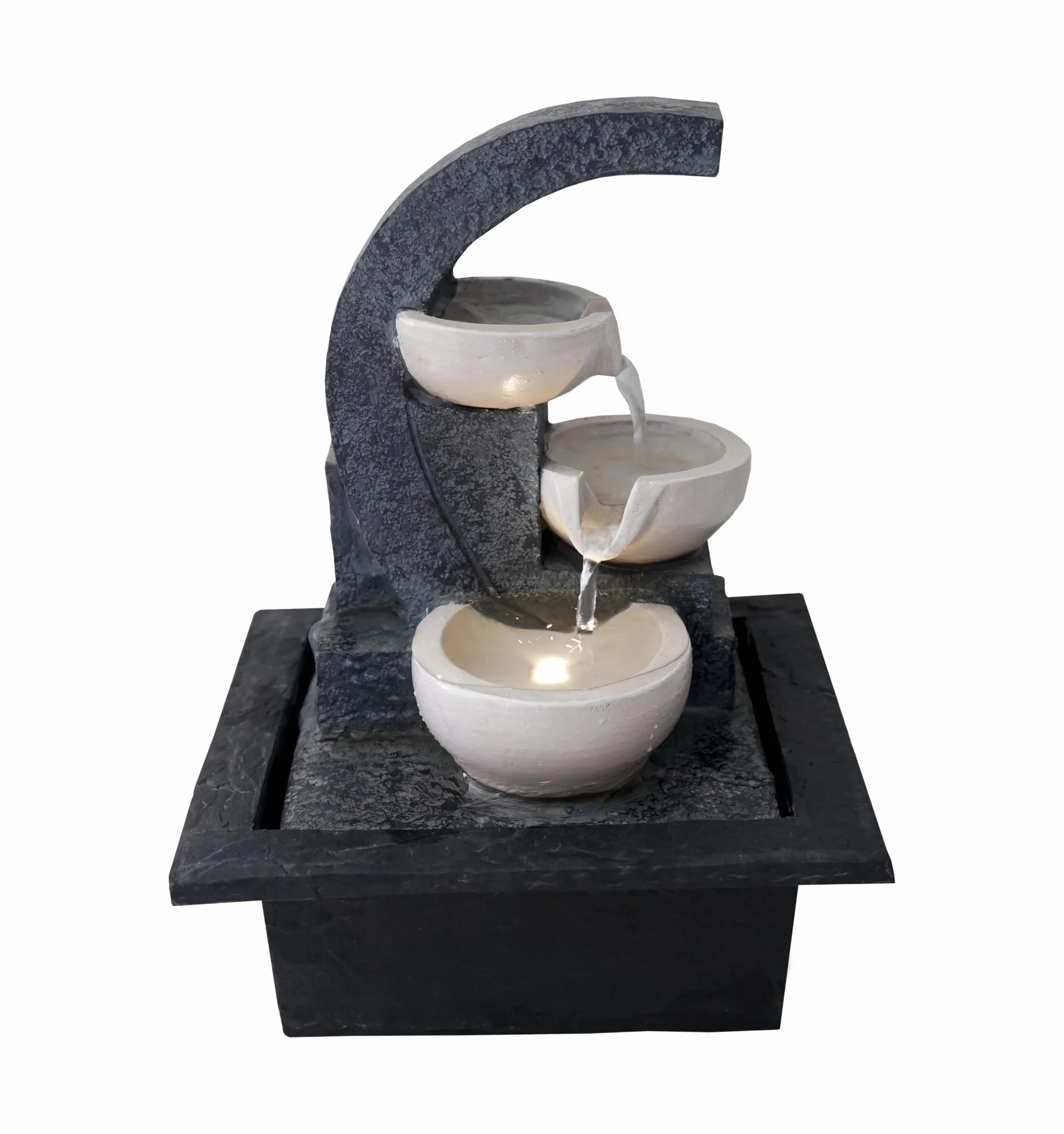 ARUM Lighting Fontaine d'Intérieur de Table Arkadia Cascade d'eau 3 Vasques Blanches Résine Éclairage LED Blanc Chaud Pompe Réglable H 26,5 cm