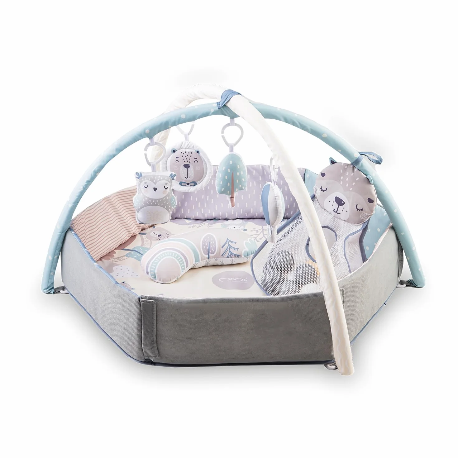 Arche de jeu MoMi PASTEL 3 en 1 avec tapis rampant, bain de balles, 5 jouets, 20 balles