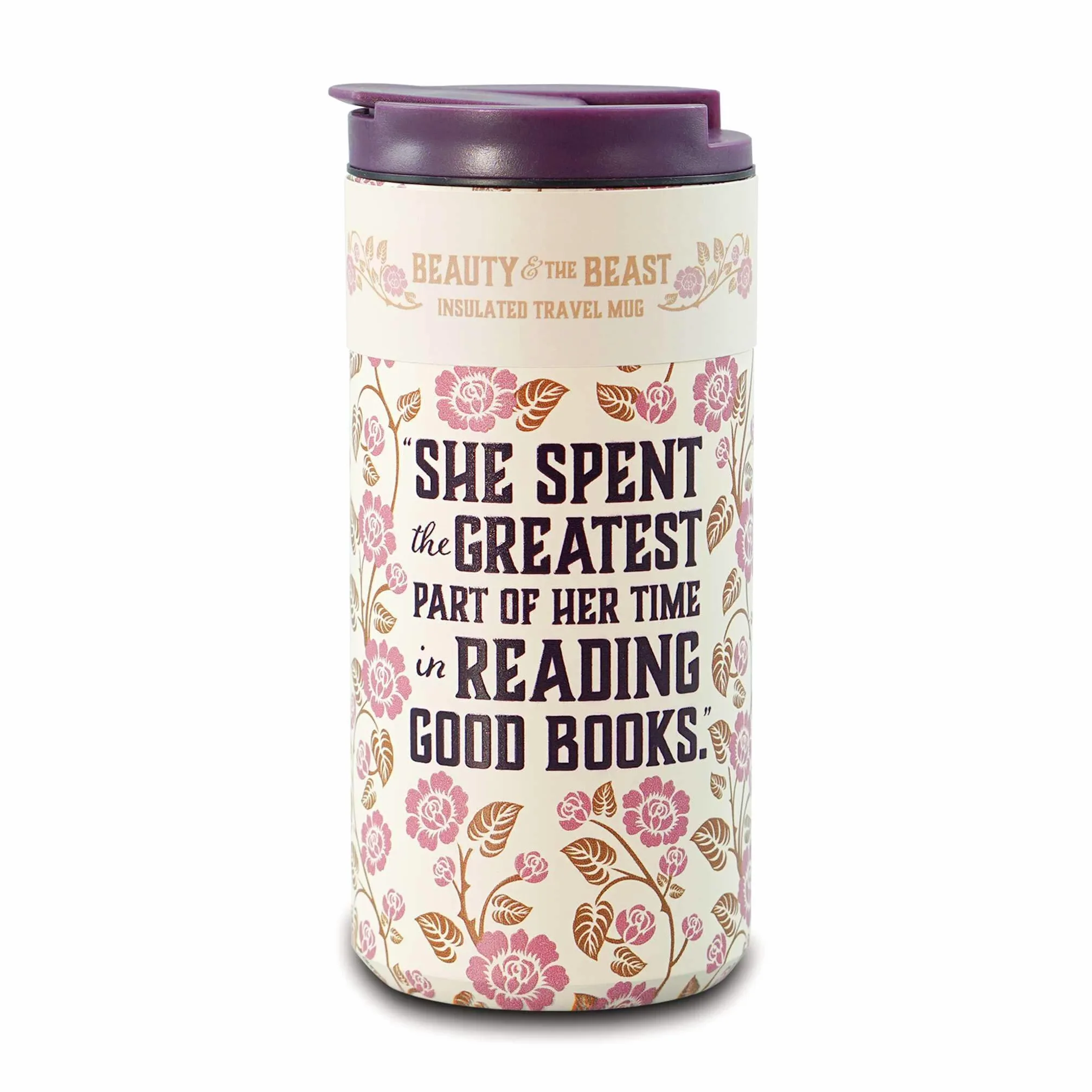 Half Moon Bay | La Belle et la Bête | Tasse de voyage isotherme réutilisable de 350 ml | Tasse à café thermique en acier inoxydable crème et mauve foncé | Collection littéraire haut de gamme | Cadeau