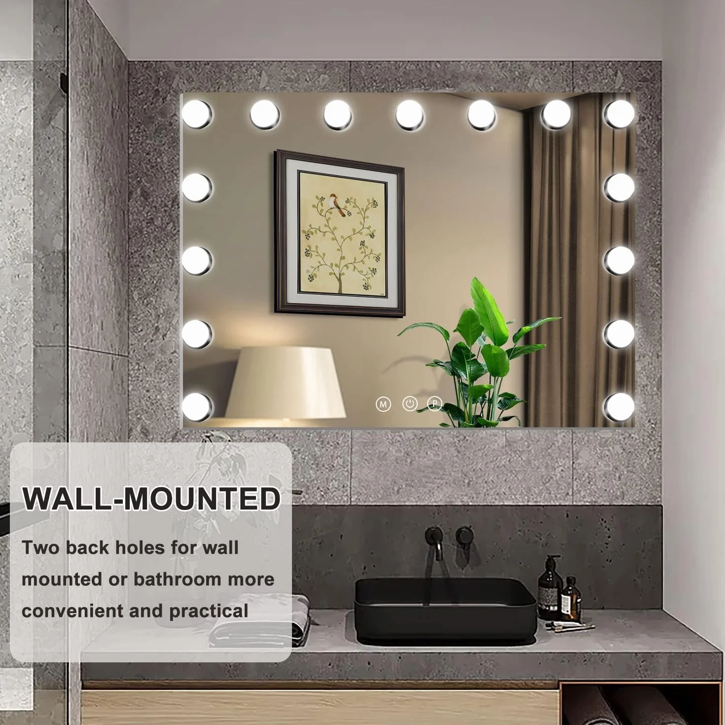 Miroir Maquillage Hollywood Lumineux LED 15 Lumières Dimmables 58x45cm Contrôle Tactile 2 Couleurs Montage Mural Blanc