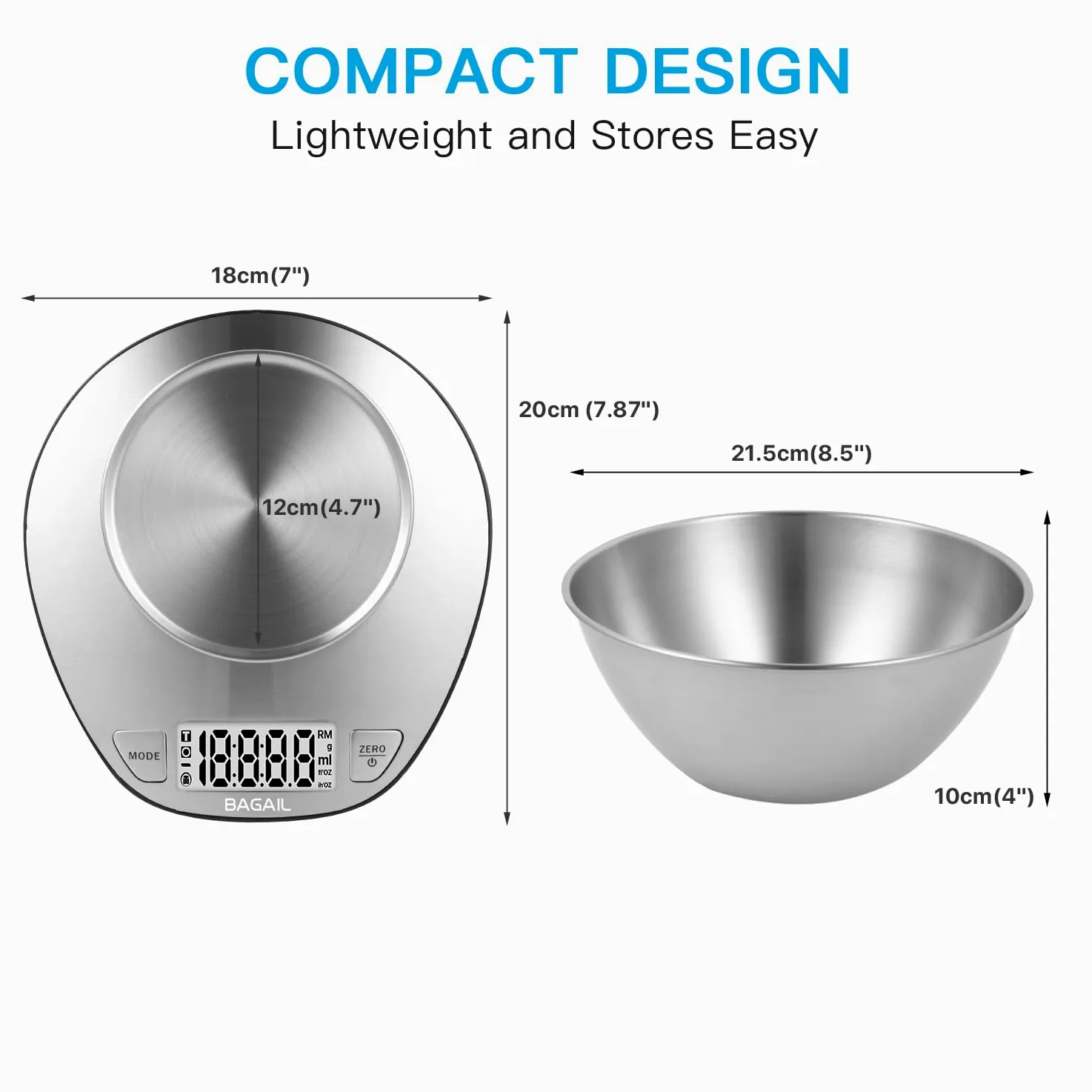 BAGAIL BASICS Balance de cuisine électronique de qualité supérieure avec grand écran et bol mélangeur en acier inoxydable – 5 kg