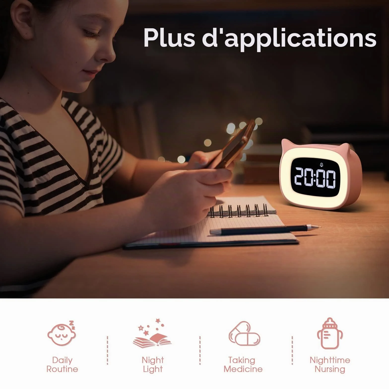Mizikuu Réveil Éducatif LED Veilleuse Enfant Jour Nuit Lumineux 5 Couleurs 18 Musiques 2 Alarmes Fille Garçon