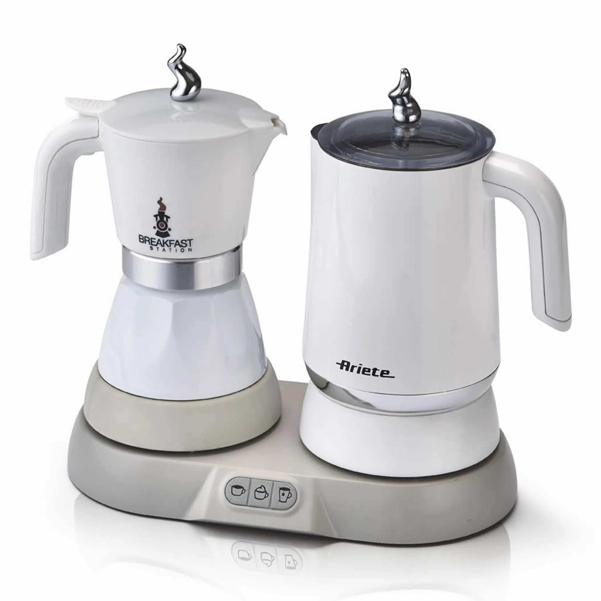 Ariete 1344 Breakfast Station, 3 produits en 1, cafetière, mousseur à lait chaud ou froid, bouilloire, 500 W, 4/2 tasses, fonction garde-chaud, 5 fonctions, blanc