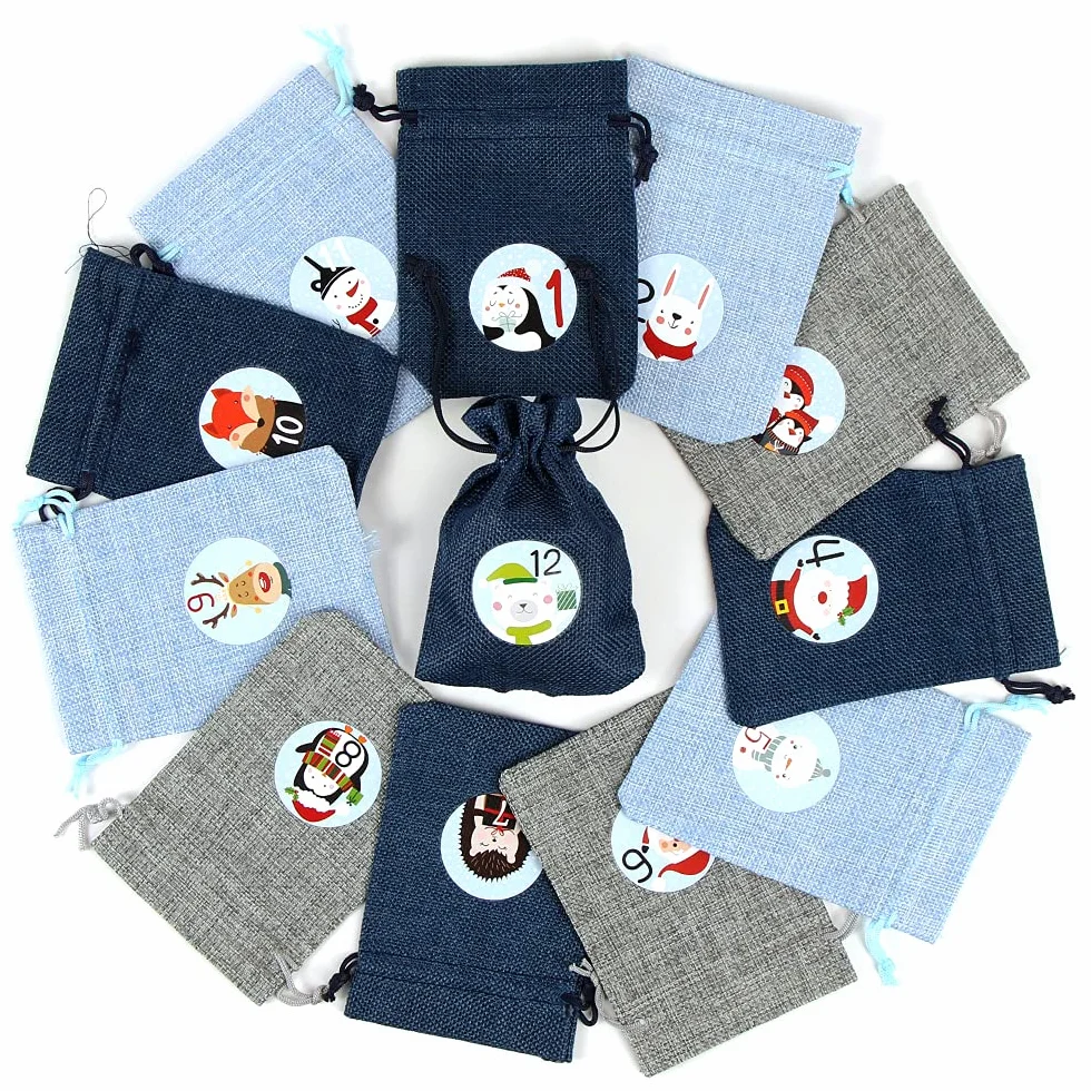 Calendrier de l'Avent à Remplir Sac en Tissu Jute, Sacs Surprise de Noël