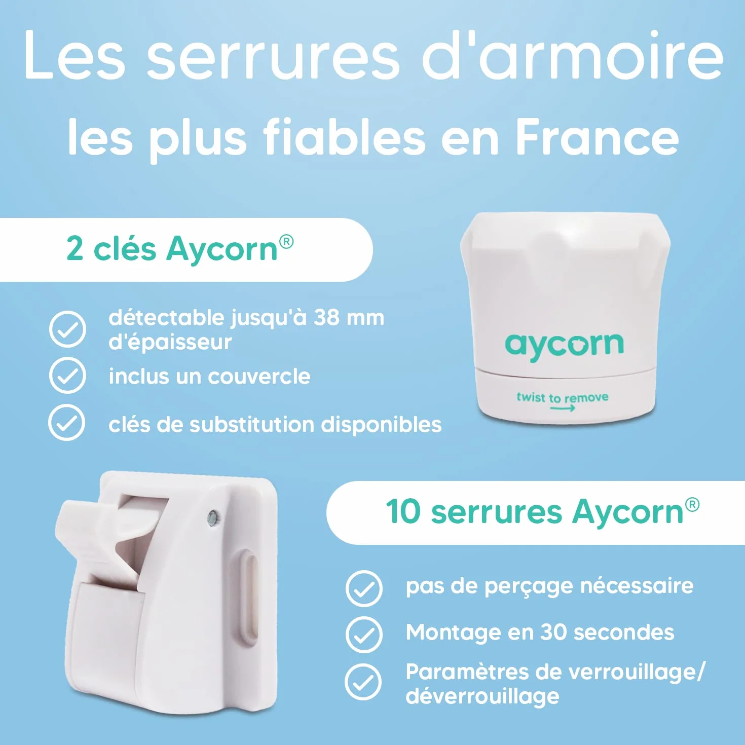 Aycorn Verrous Magnétiques de Sécurité pour Bébés, 10 loquets et 2 clés, Bloque Porte Placard