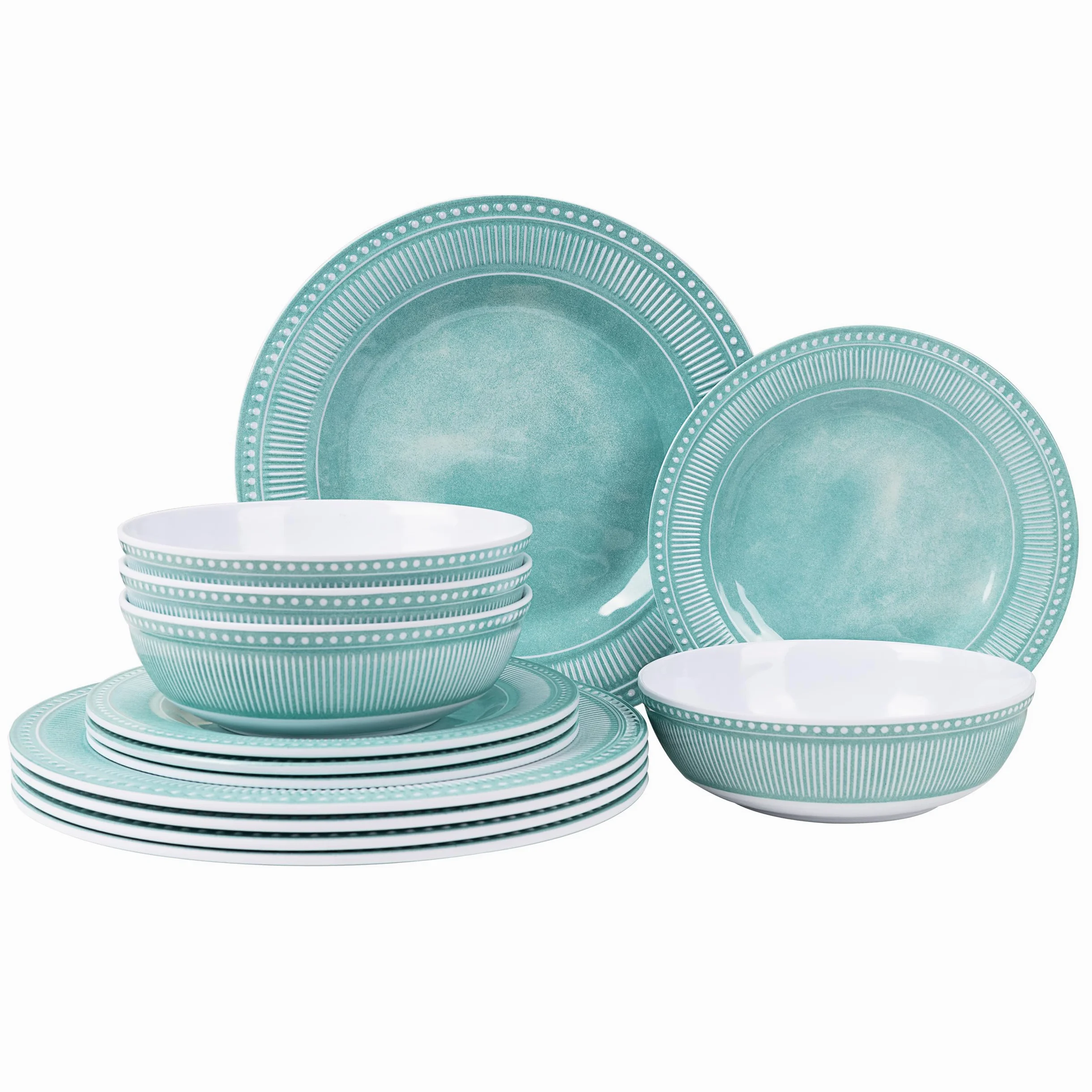 AELS Lot de 12 assiettes et bols en mélamine pour 4 personnes, lavables au lave-vaisselle, légers, incassables, sans BPA, vert