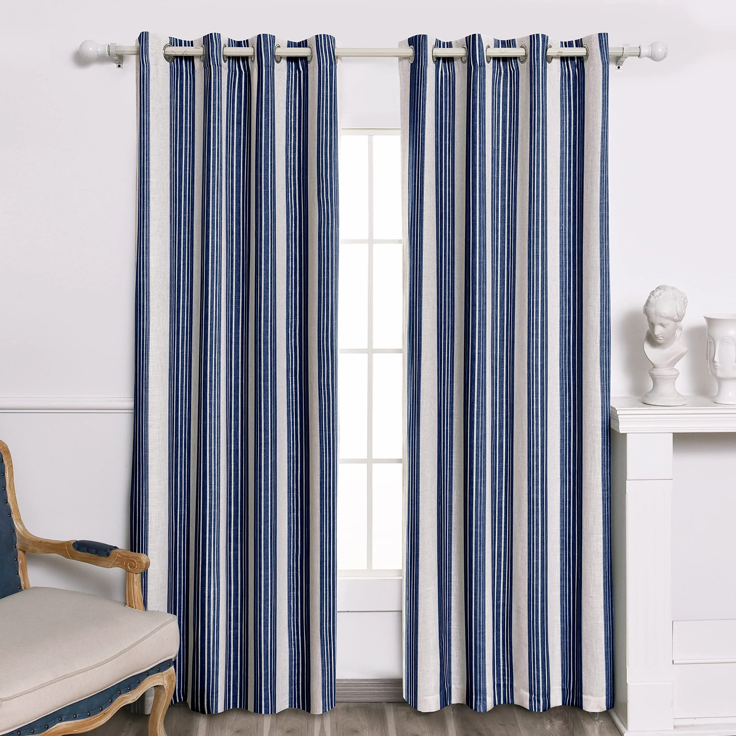 DriftAway Chris Lot de 2 Rideaux occultants en Lin mélangé à Motif à Rayures Verticales et à œillets pour Chambre de Ferme imprimé – 132,1 x 213,4 cm – Ivoire Bleu foncé
