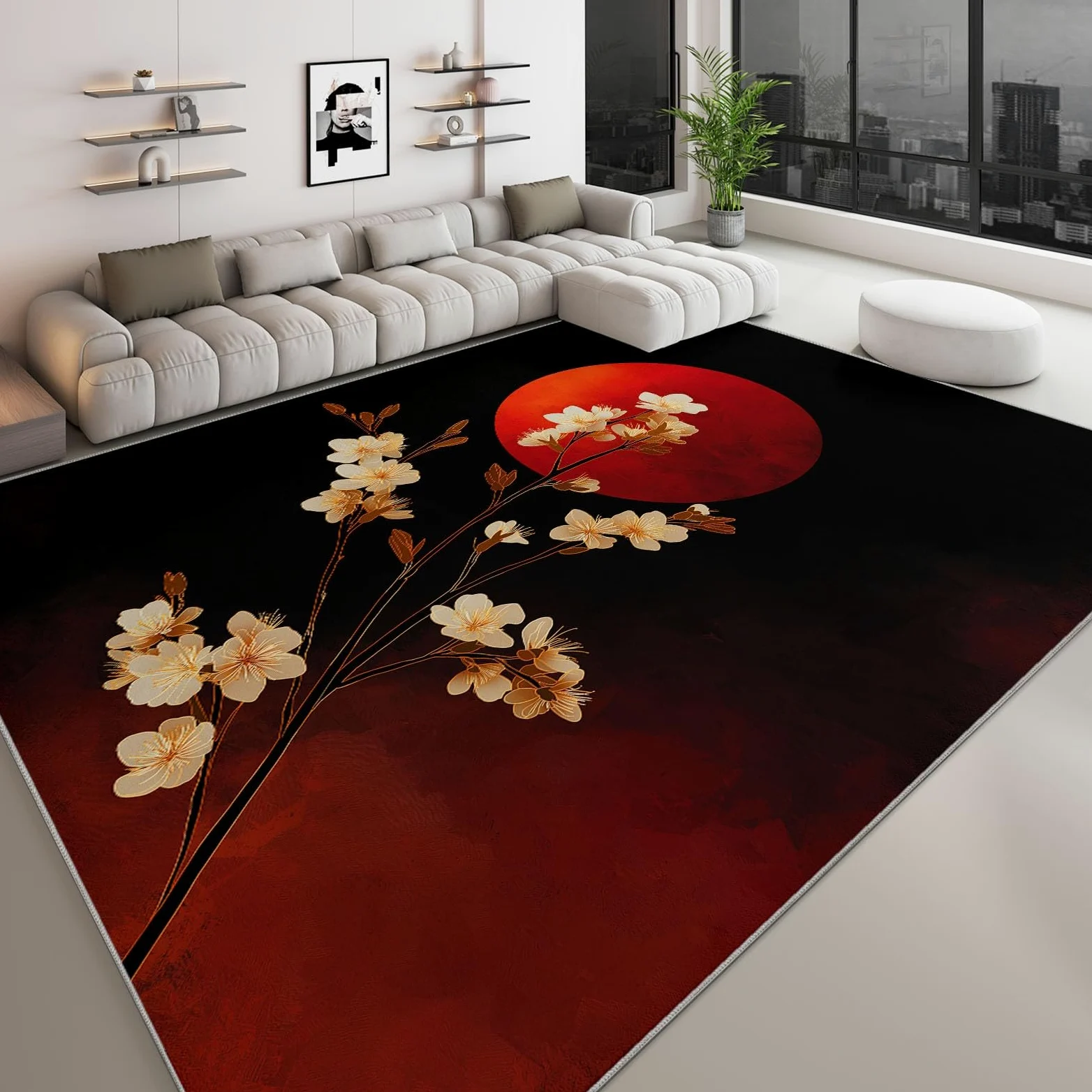 Antidérapante Tapis de Salon Chambre - Salon Super Doux Salle à Manger Faux Tapis en Laine, Motif Fleurs crème Soleil Rouge Style Japonais Rug Décoratif Résistant Lavable Noir et Rouge 120 x 180cm