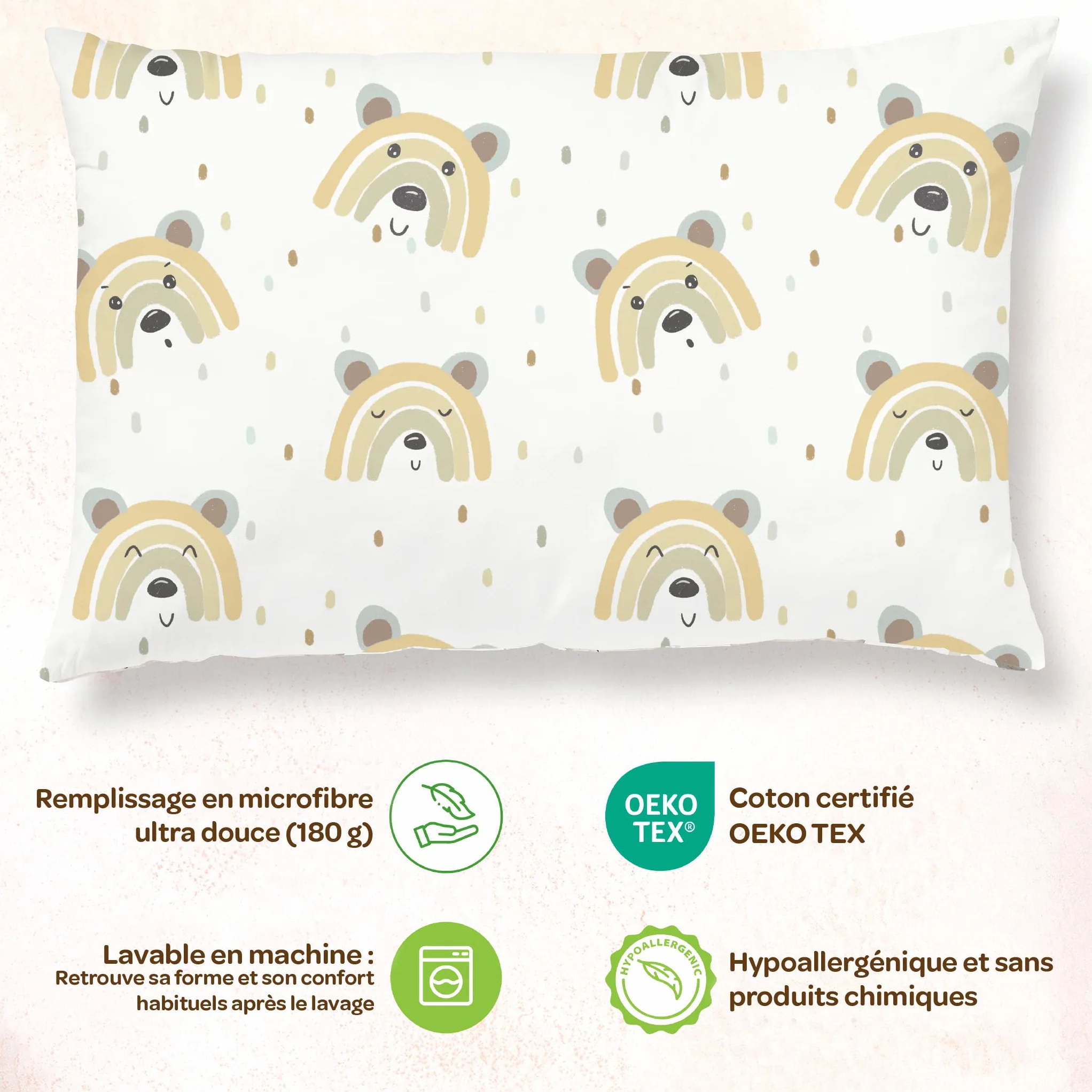 Oreiller Enfant 33x45 cm Coton Oeko-Tex Lavable Machine Coussin Bebe Siestes 1-3 Ans